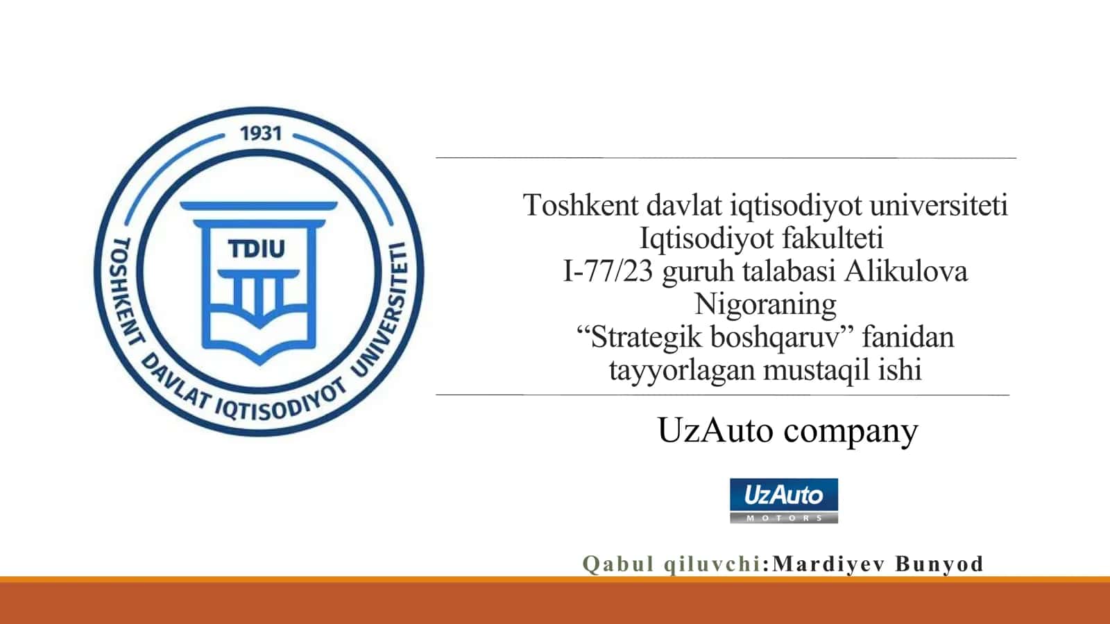 "Strategik boshqaruv" fanidan tayyorlagan mustaqil ishi