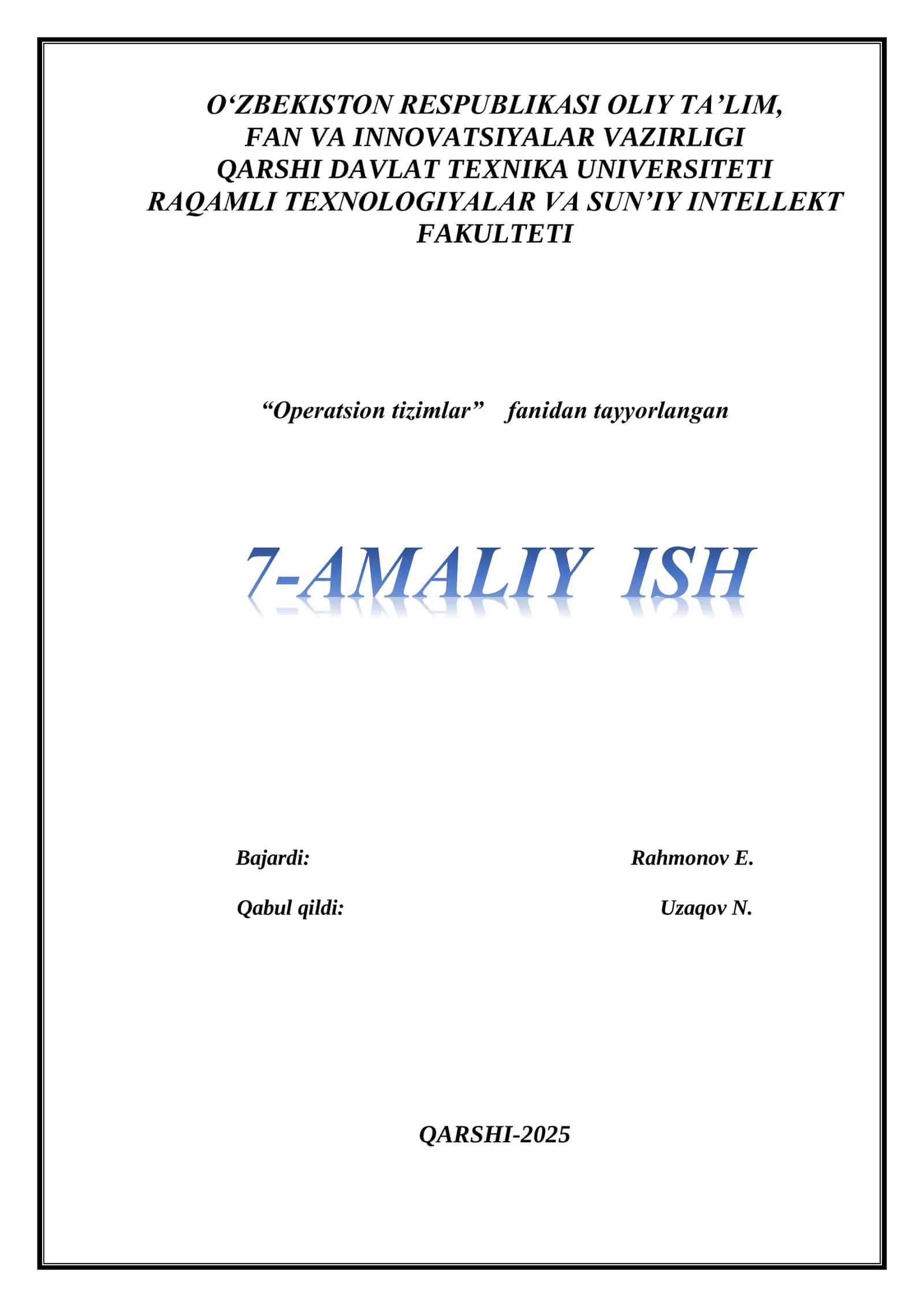 7-Amaliy ish: WINDOWS OS DA FOYDALANUVCHI HUQUQLARINI BOSHQARISH