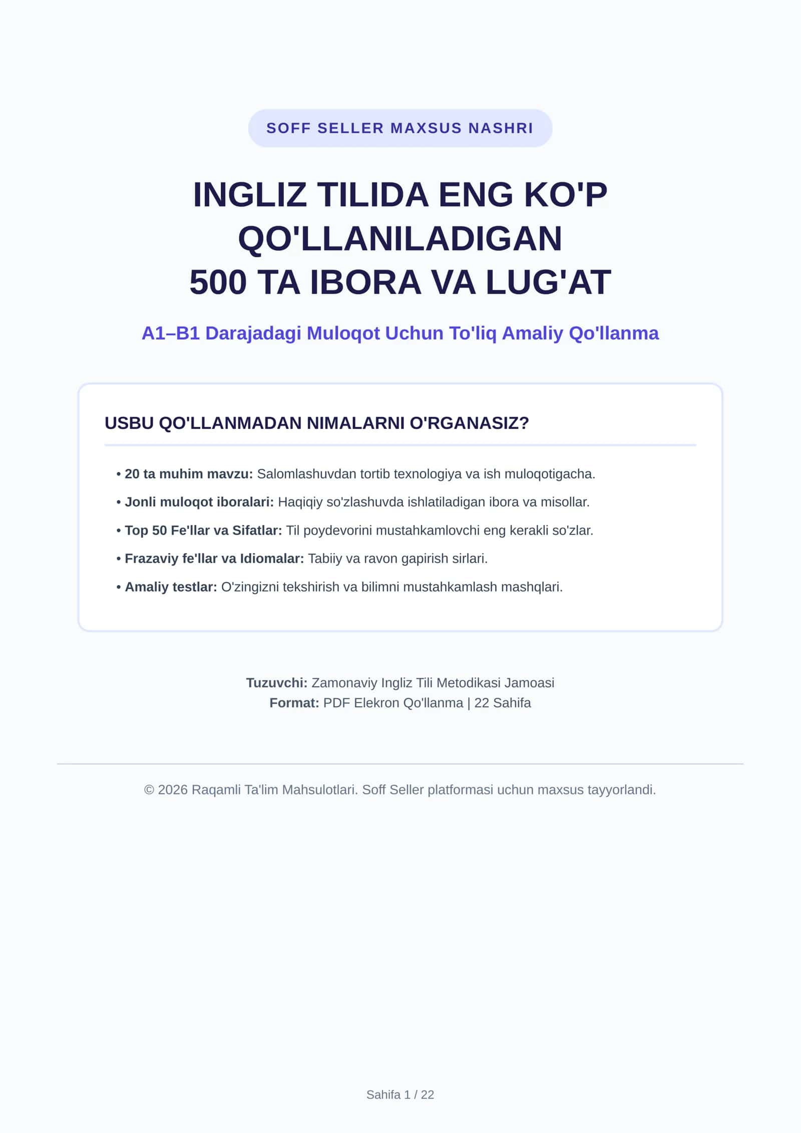 INGLIZ TILIDA ENG KO'P QO'LLANILADIGAN 500 TA IBORA VA LUG'AT