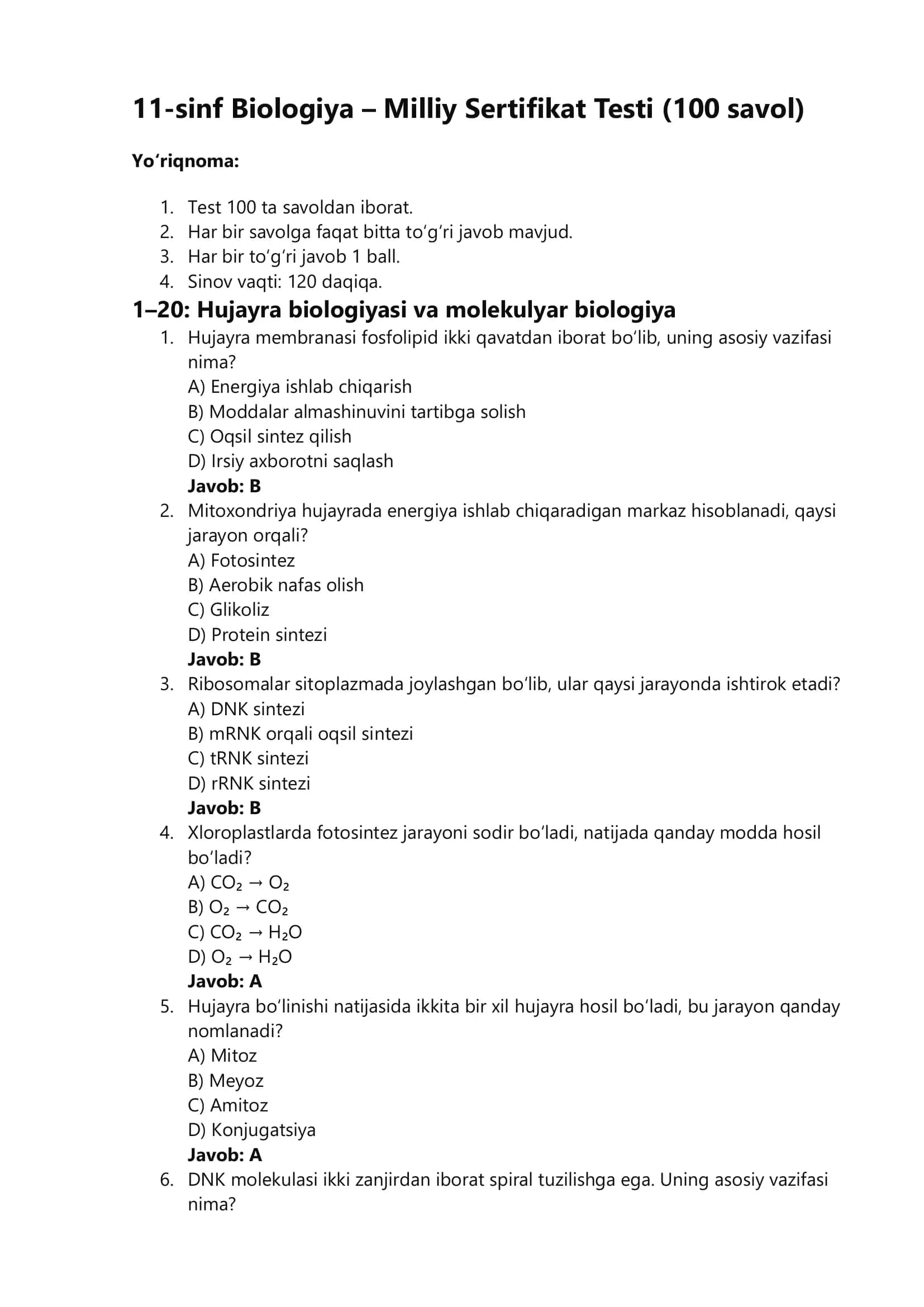 11-sinf Biologiya – Milliy Sertifikat Testi (100 savol)