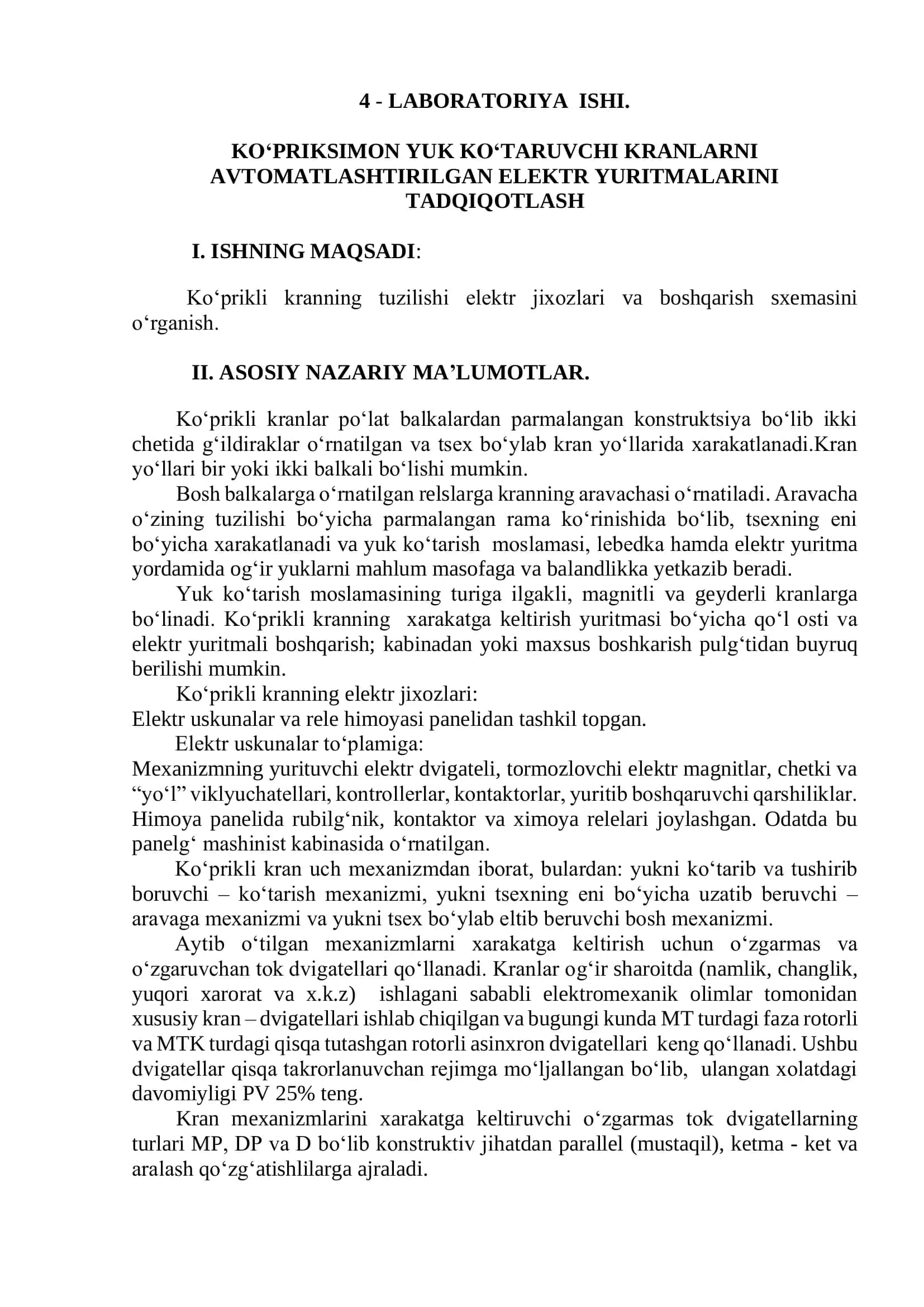 KO‘PRIKSIMON YUK KO‘TARUVCHI KRANLARNI AVTOMATLASHTIRILGAN ELEKTR YURITMALARINI TADQIQOTLASH