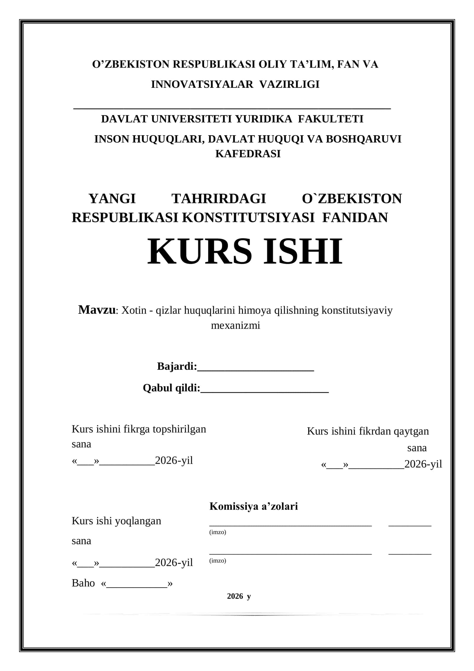 Xotin - qizlar huquqlarini himoya qilishning konstitutsiyaviy mexanizmi. kurs ishi