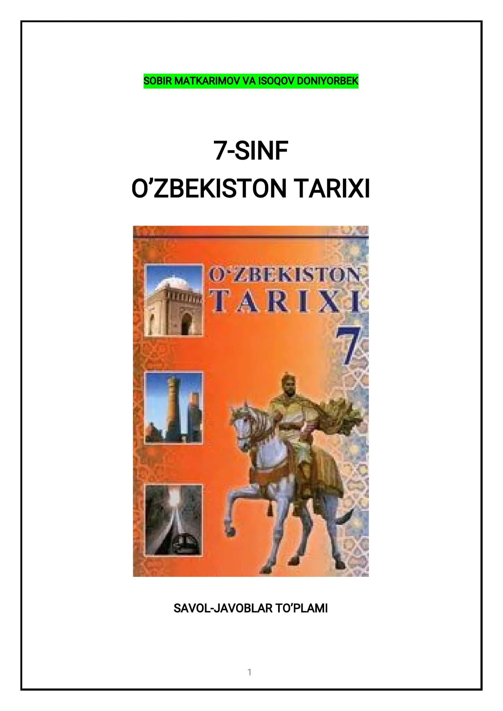 O’zbekiston Tarixi SAVOL-JAVOBLAR TO’PLAMI