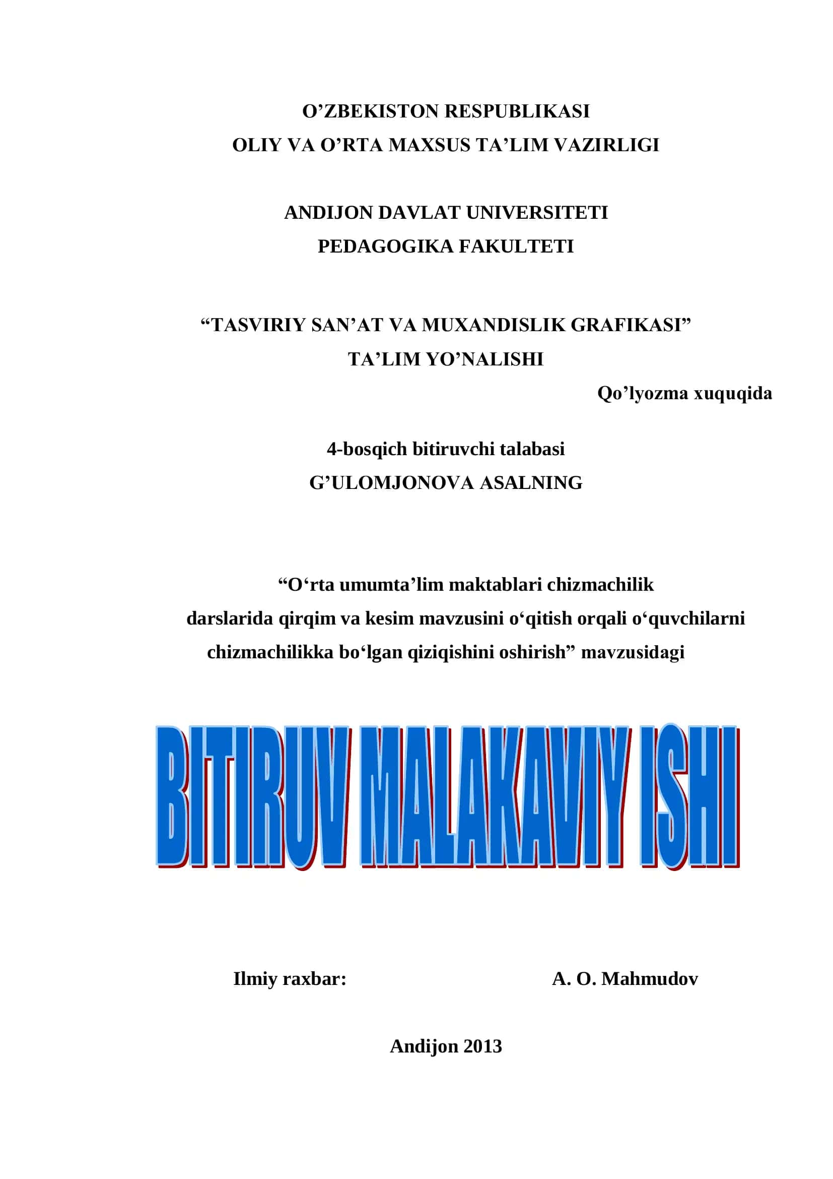 TASVIRIY SAN’AT VA MUXANDISLIK GRAFIKASI