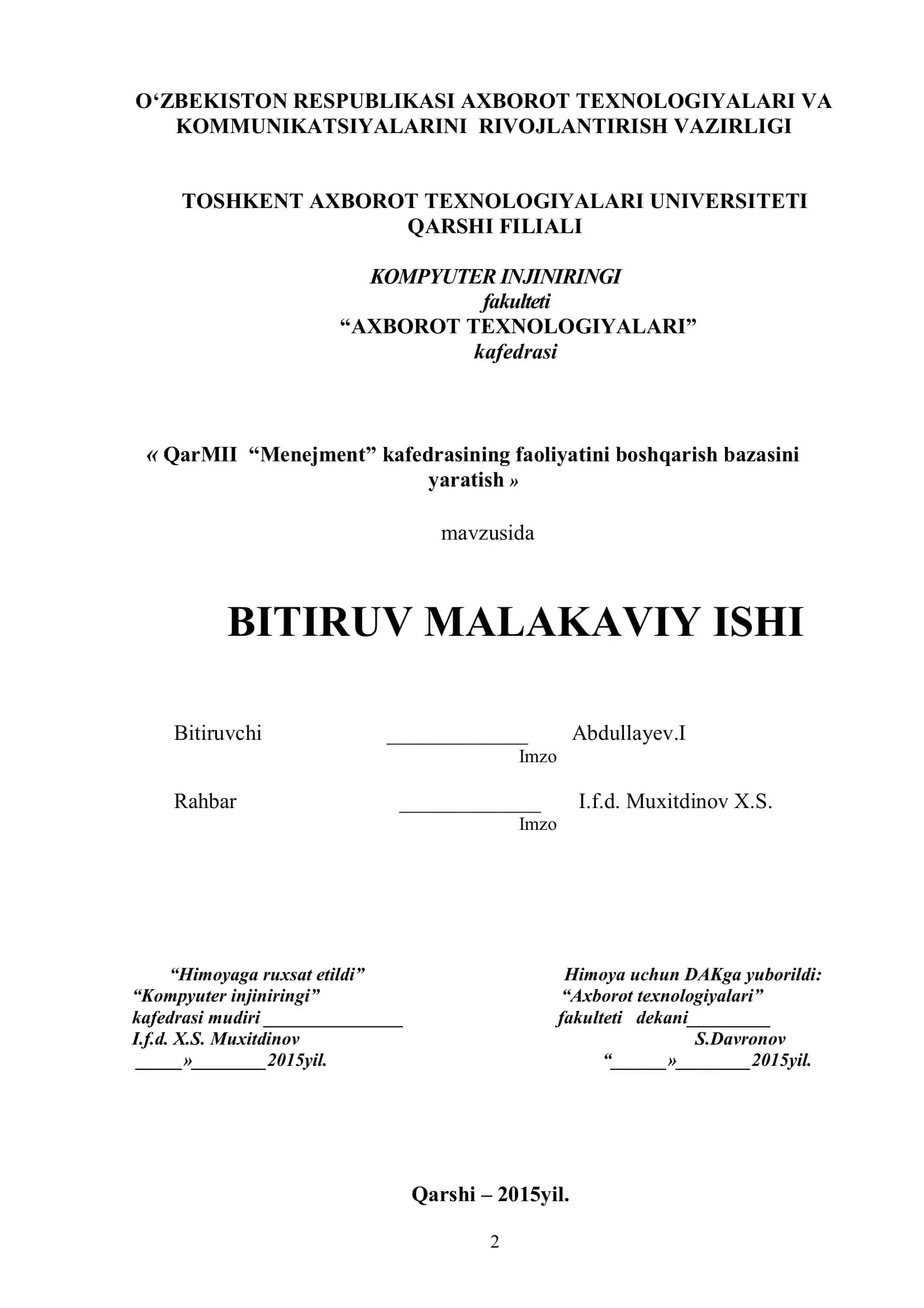 Menejment kafedrasining faoliyatini boshqarish bazasini yaratish