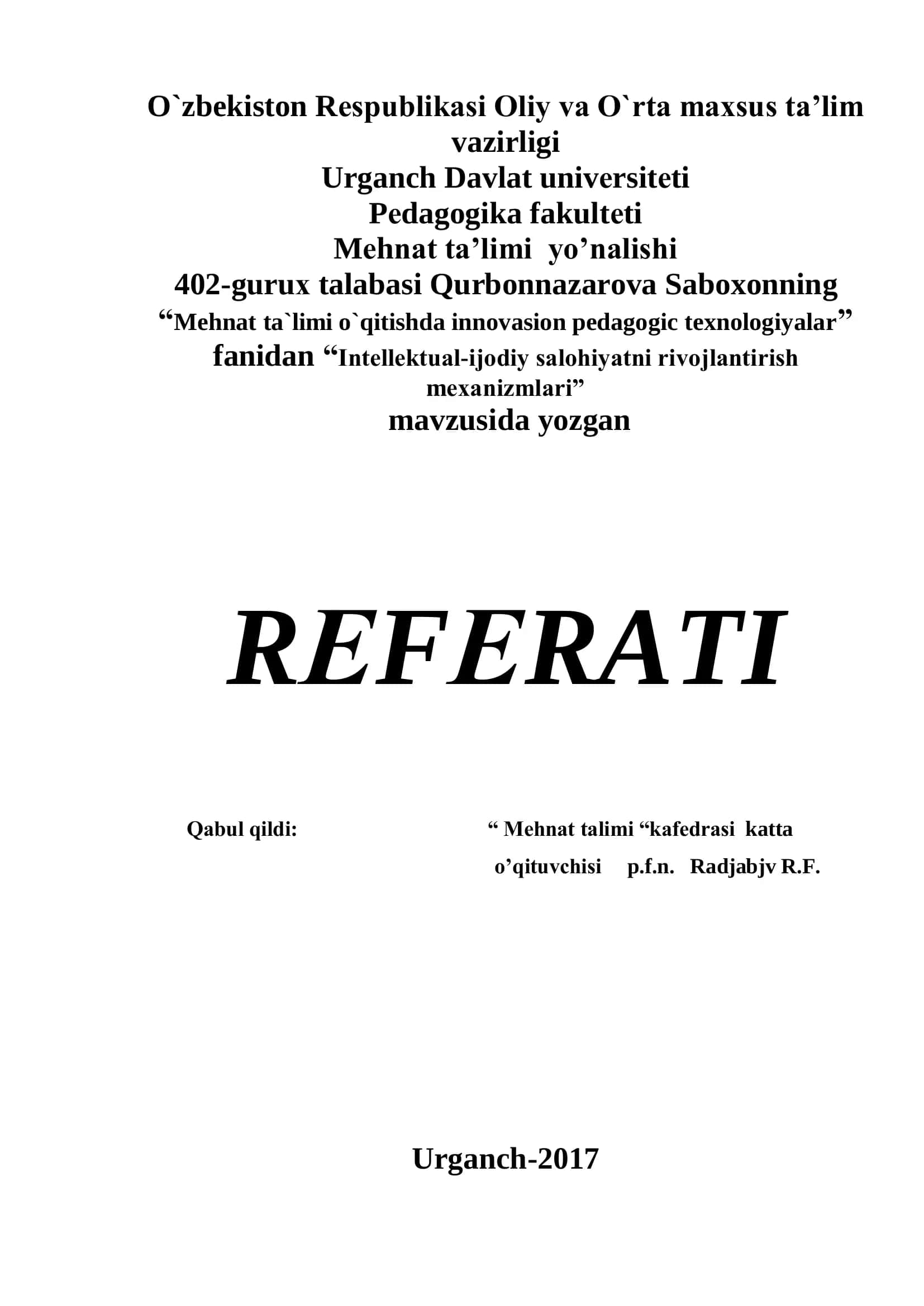 "Intеllеktual-ijоdiy salоhiyatni rivоjlantirish mехanizmlari"
