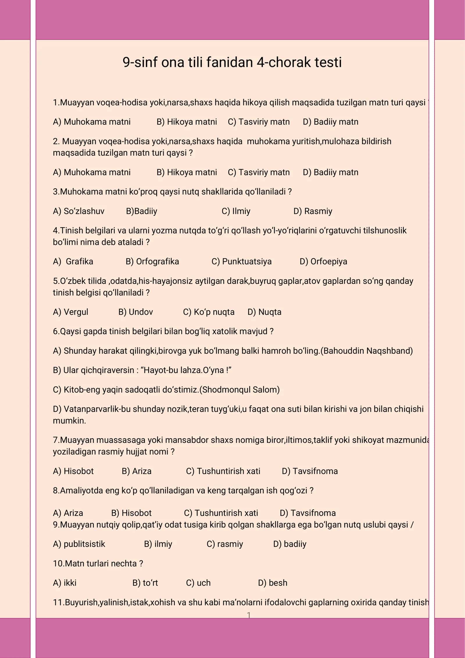 9-sinf ona tili fanidan 4-chorak testi