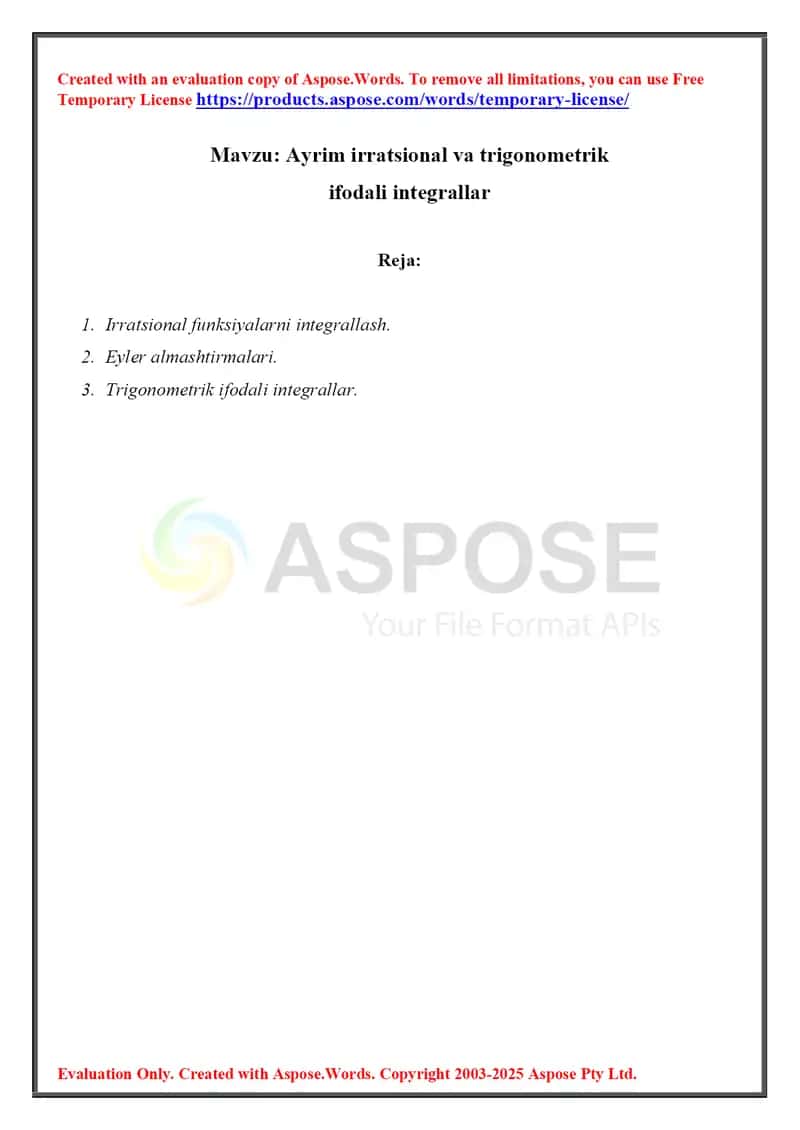 Ayrim irratsional va trigonometrik ifodali intеgrallar