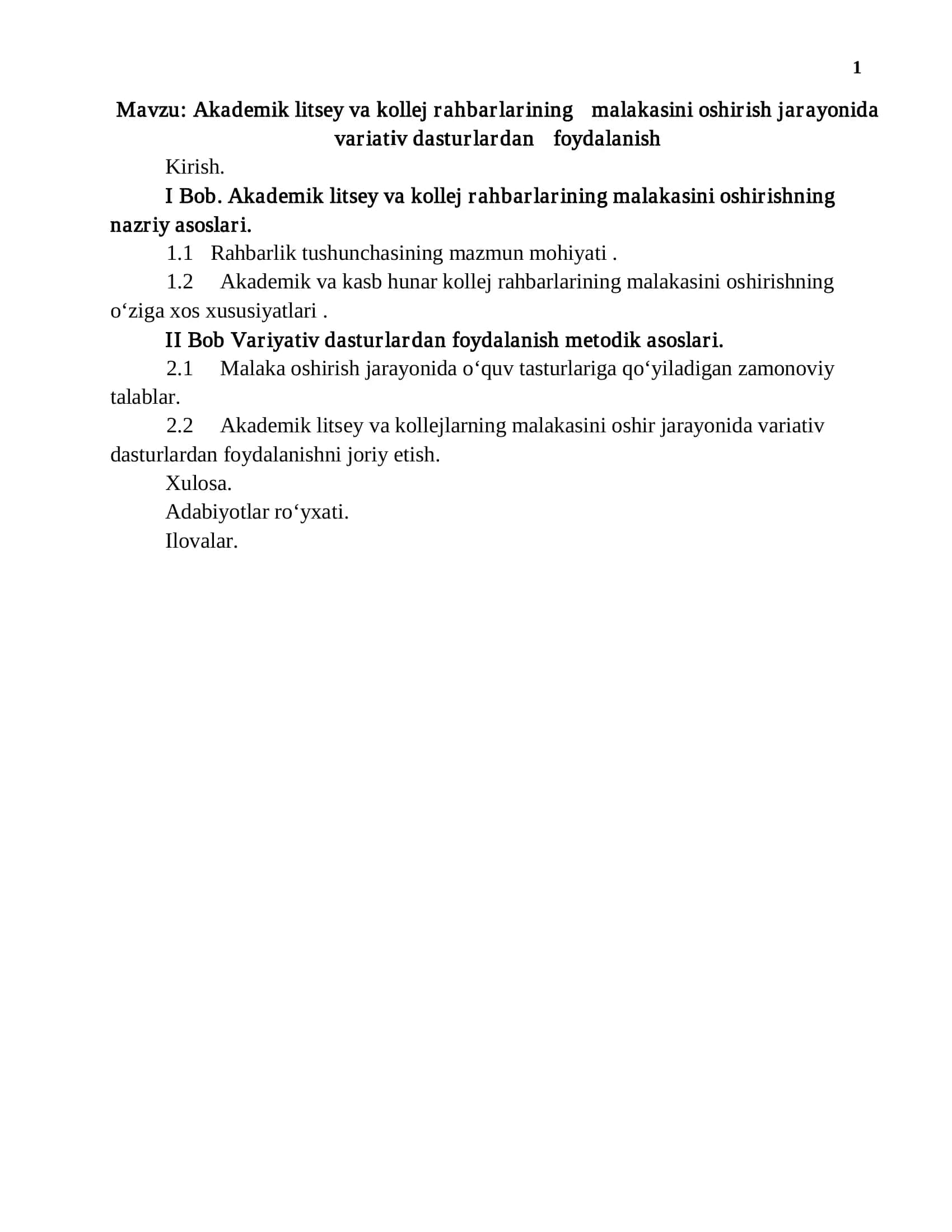 Akademik litsey va kollej rahbarlarining malakasini oshirish jarayonida variativ dasturlardan foydalanish