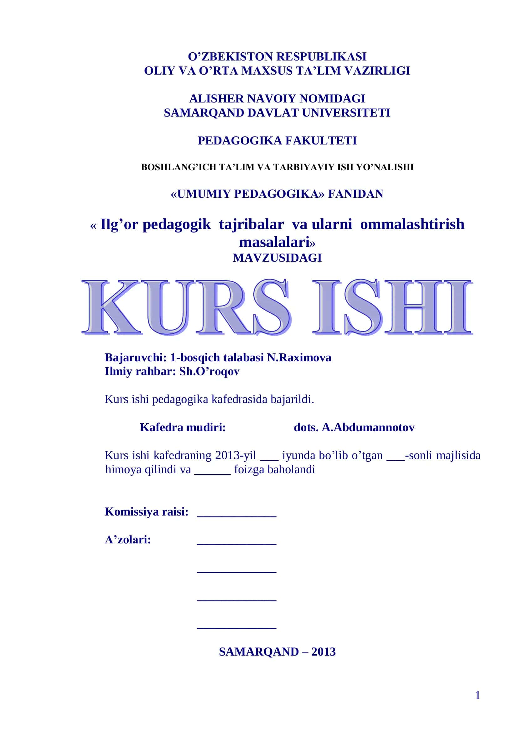Ilg’or pedagogik tajribalar va ularni ommalashtirish masalalari