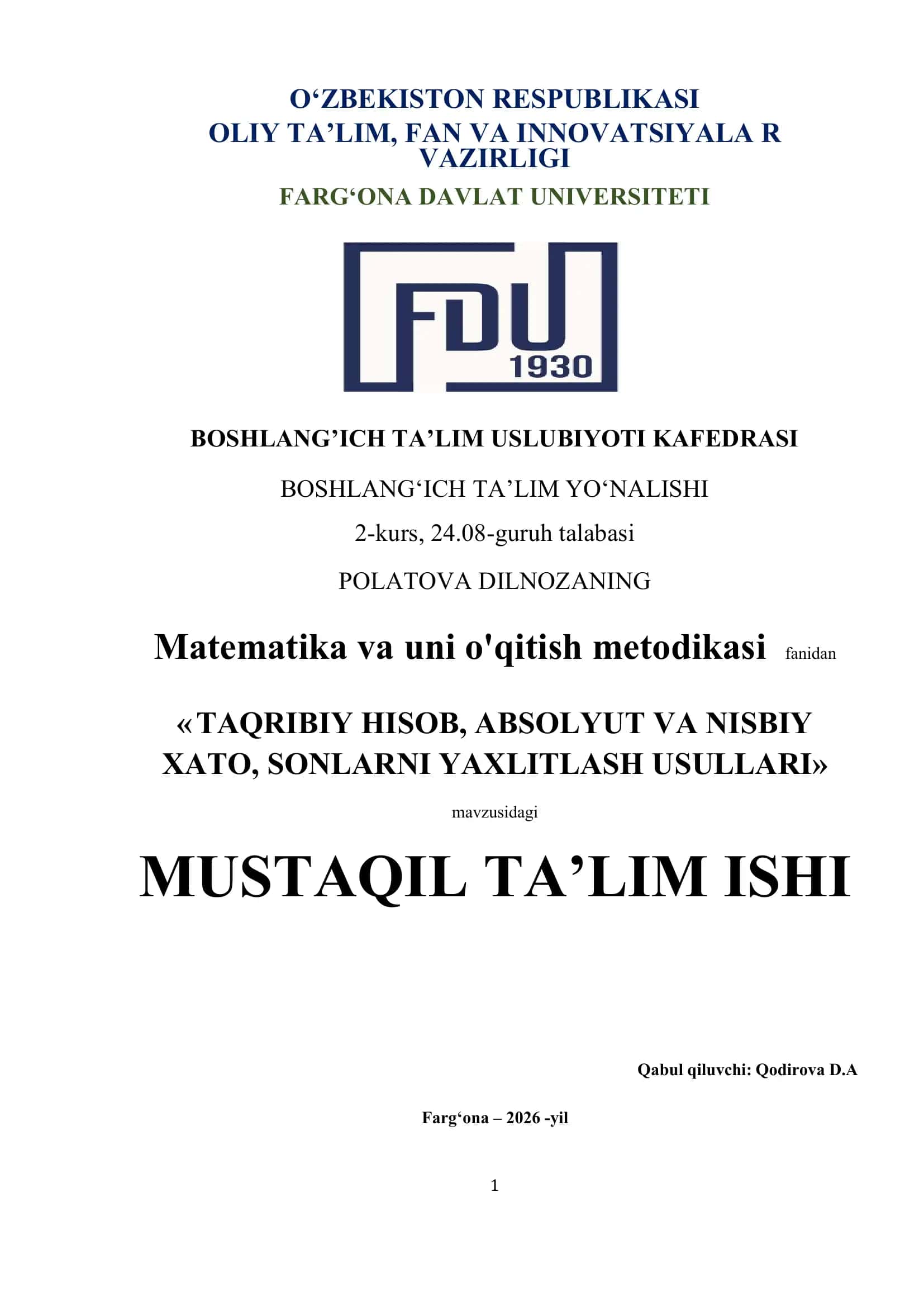 Matematika va uni o'qitish metodikasi fanidan