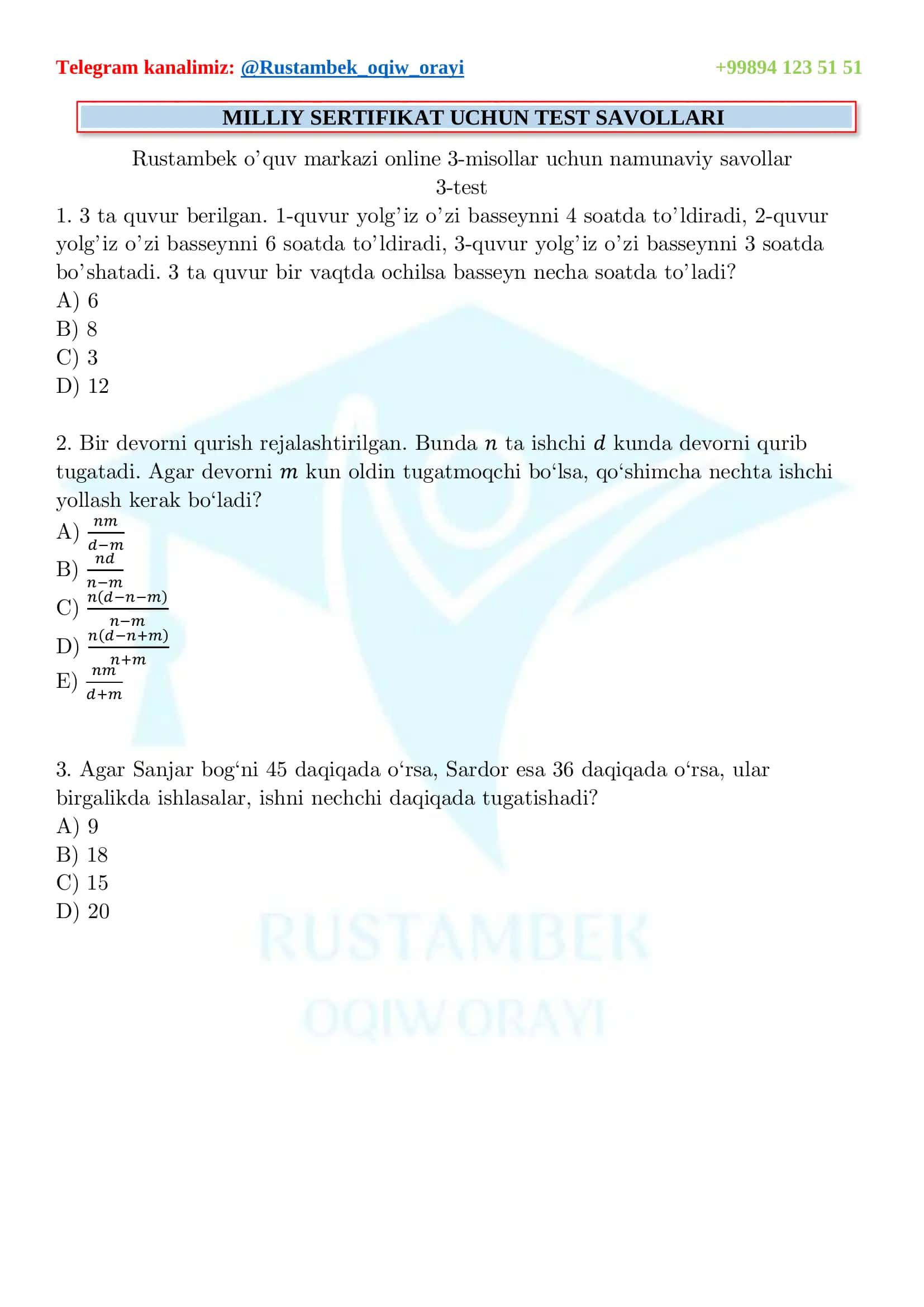 MILLIY SERTIFIKAT UCHUN TEST SAVOLLARI