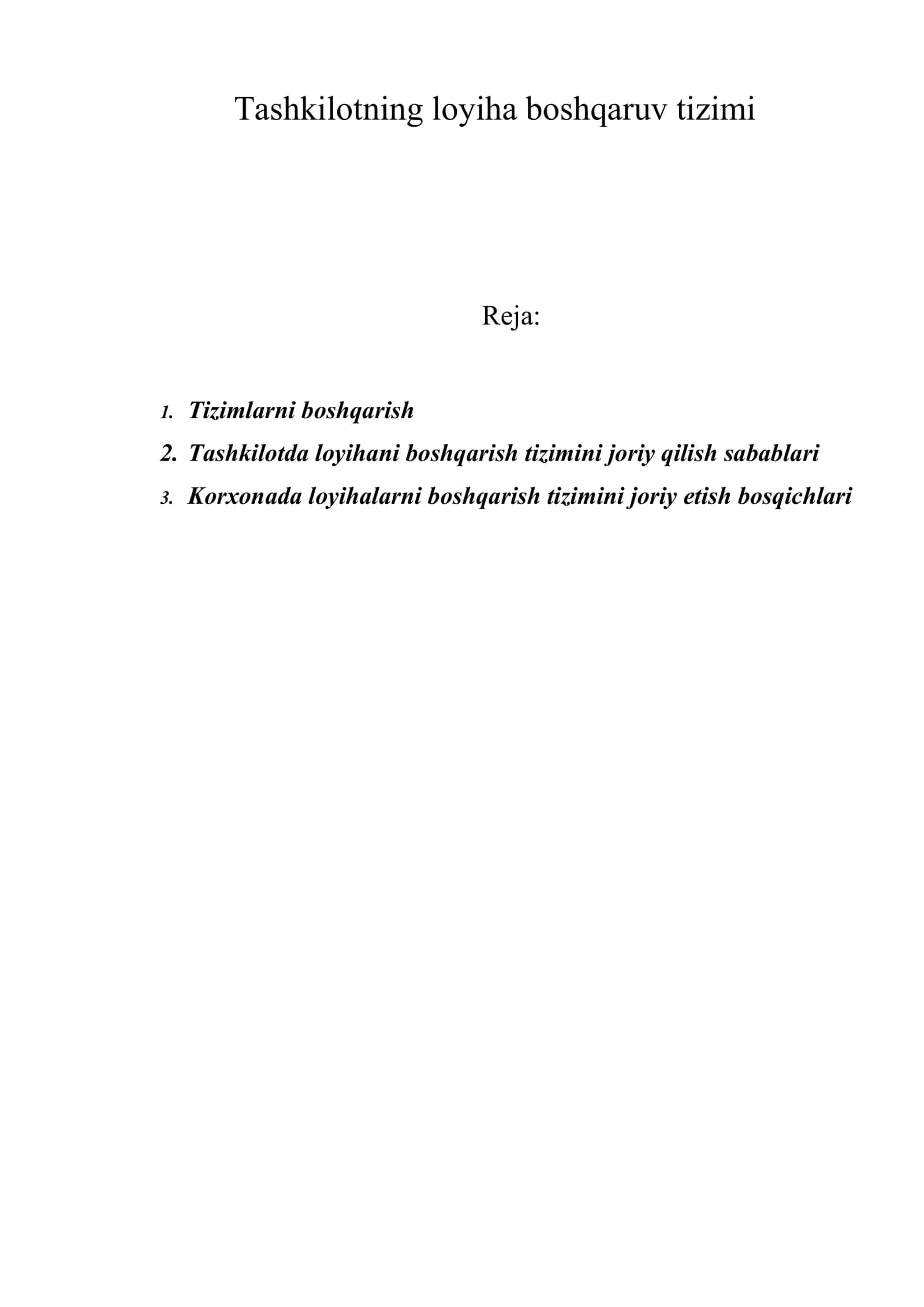 Tashkilotning loyiha boshqaruv tizimi