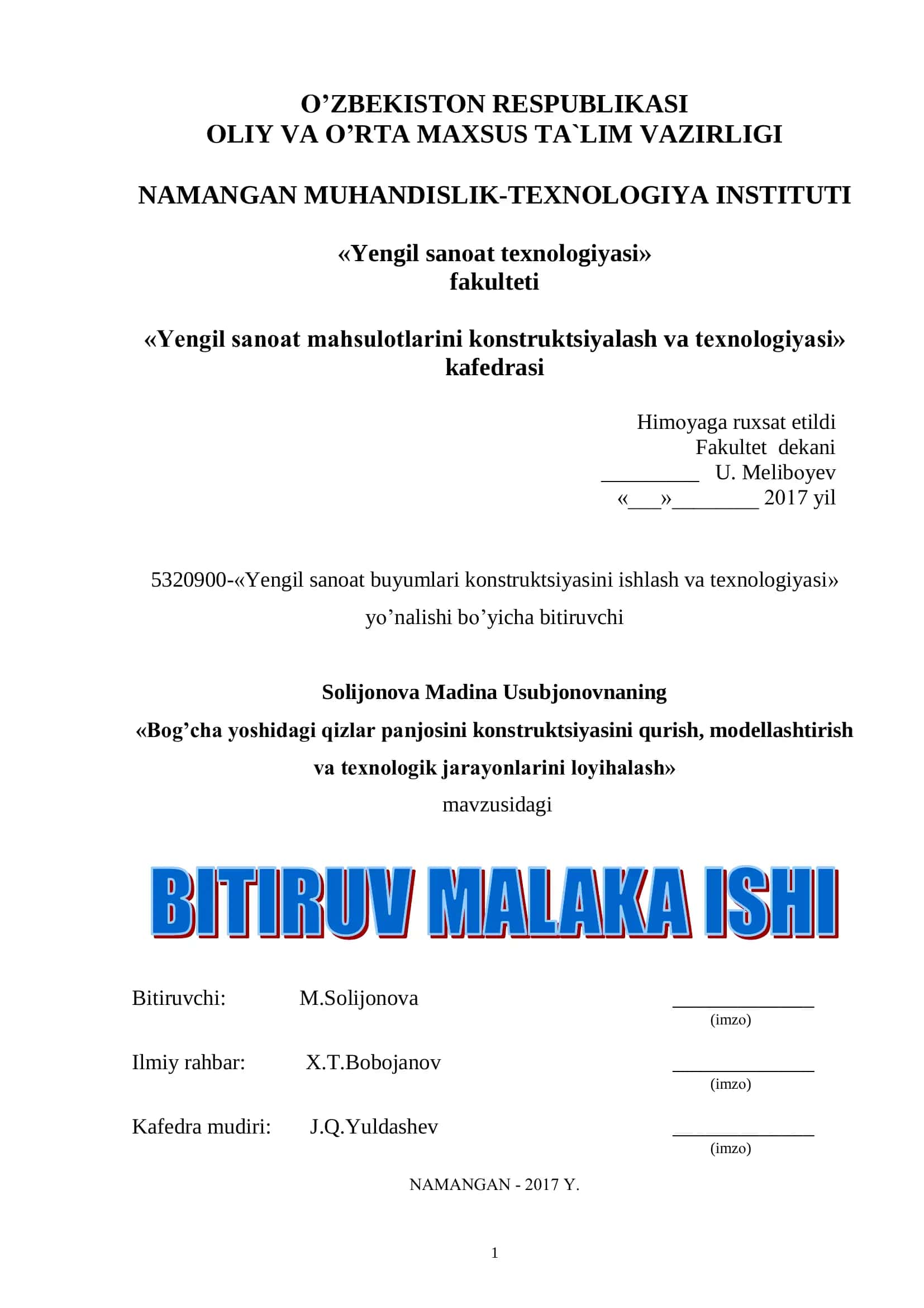 Bog’cha yoshidagi qizlar panjosini konstruktsiyasini qurish, modellashtirish va texnologik jarayonlarini loyihalash