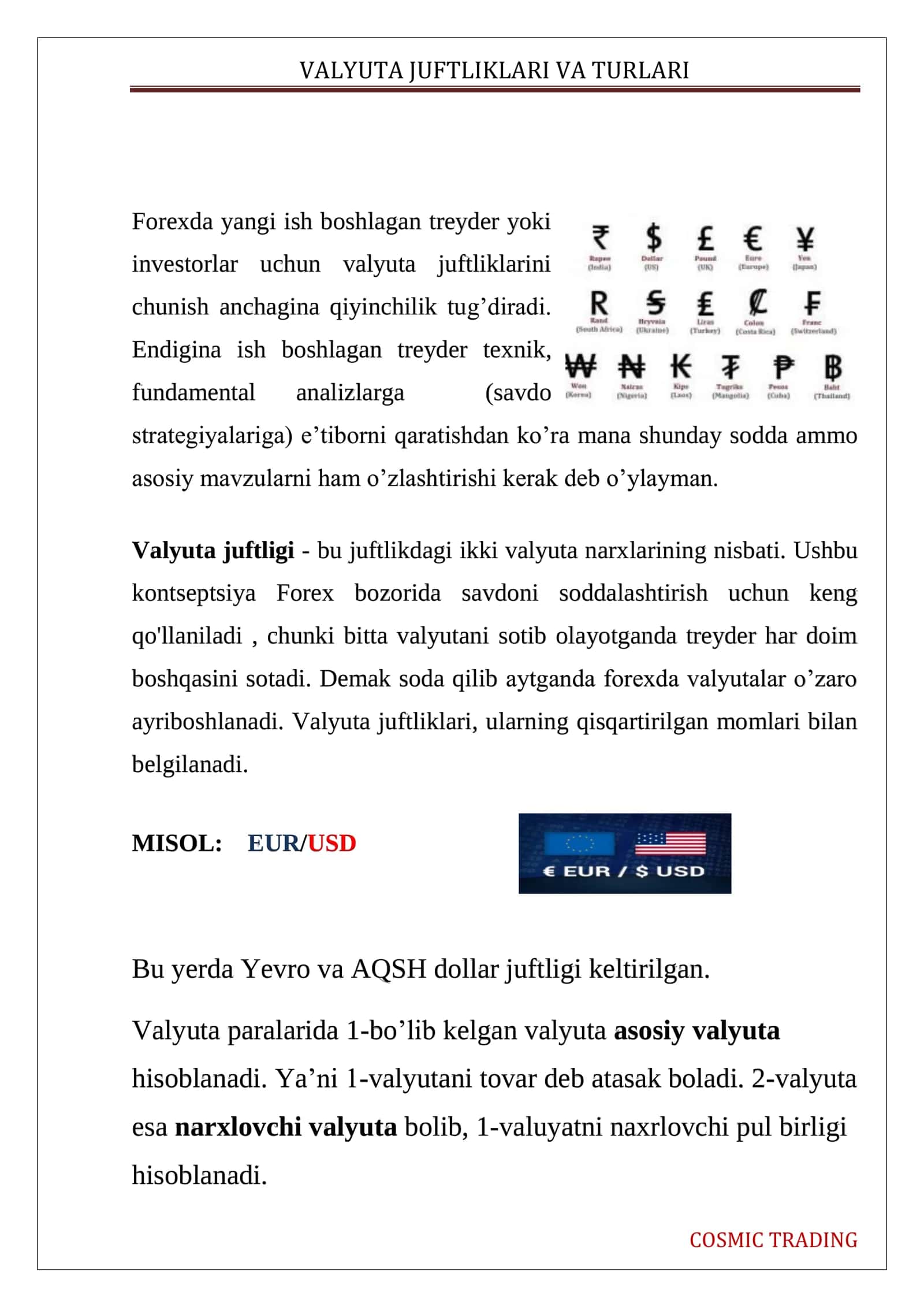 VALYUTA JUFTLIKLARI VA TURLARI