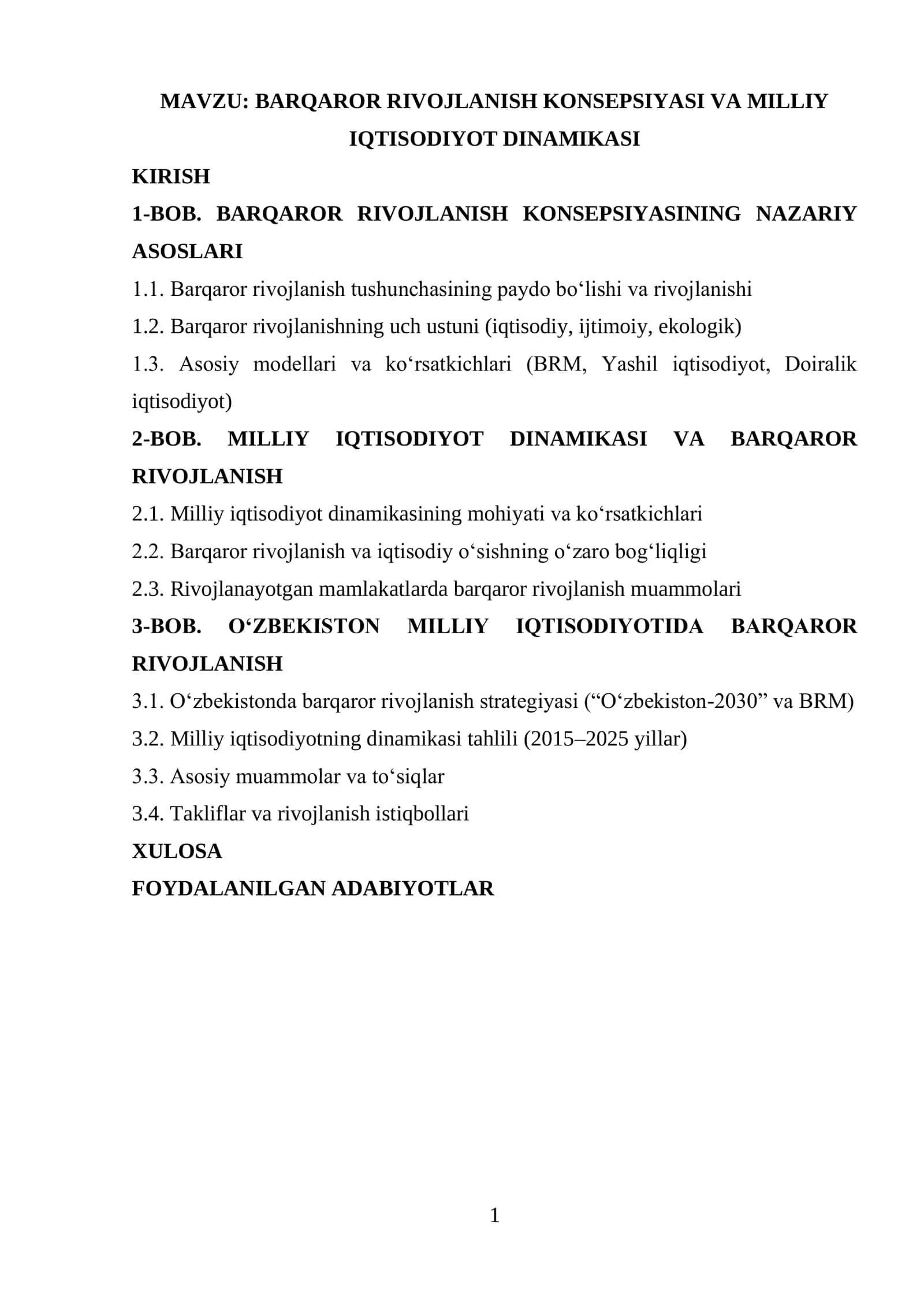 BARQAROR RIVOJLANISH KONSEPSIYASI VA MILLIY IQTISODIYOT DINAMIKASI