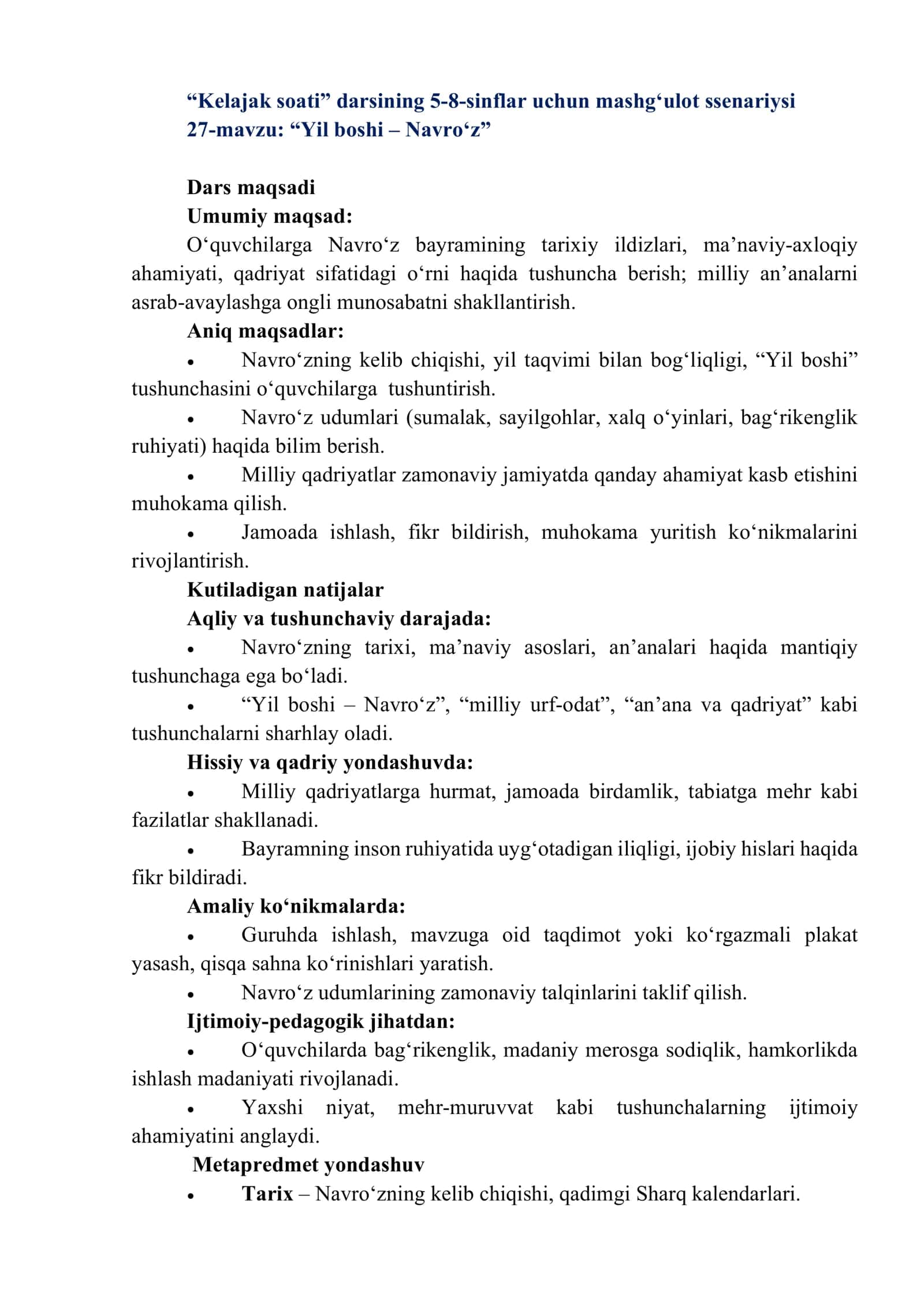 “Kelajak soati” darsining 5-8-sinflar uchun mashgʻulot ssenariysi