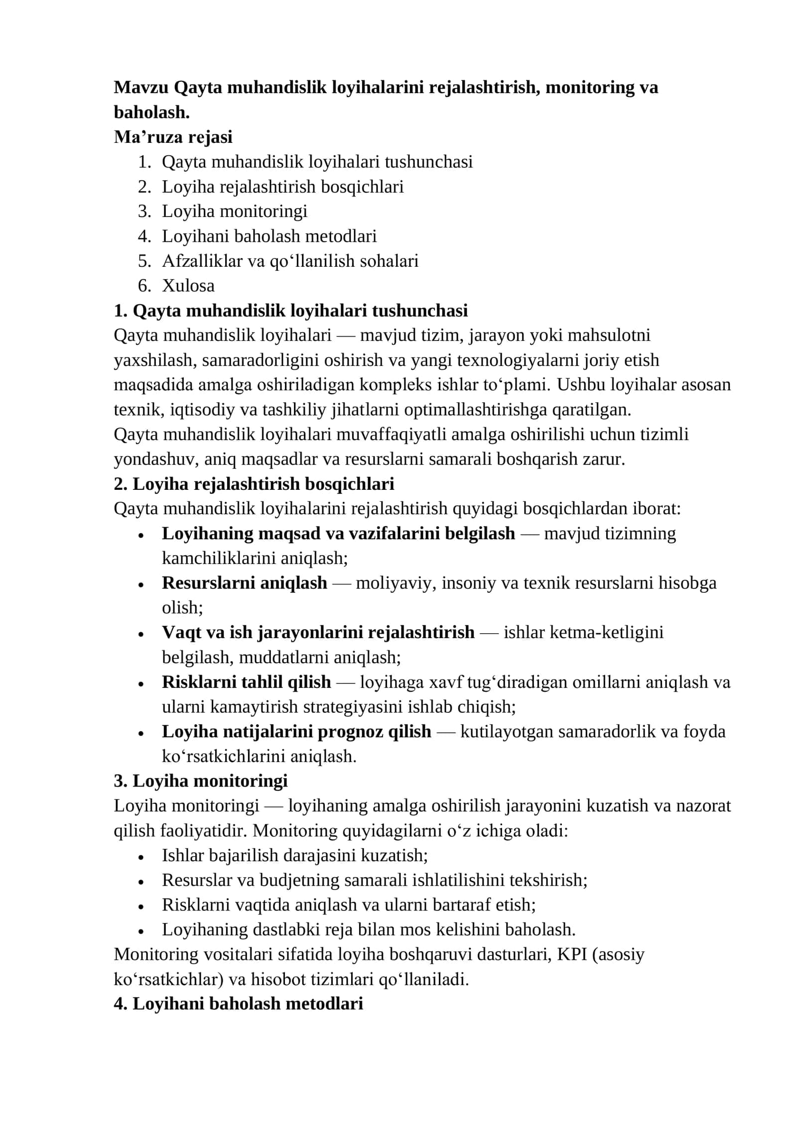 Qayta muhandislik loyihalarini rejalashtirish, monitoring va baholash