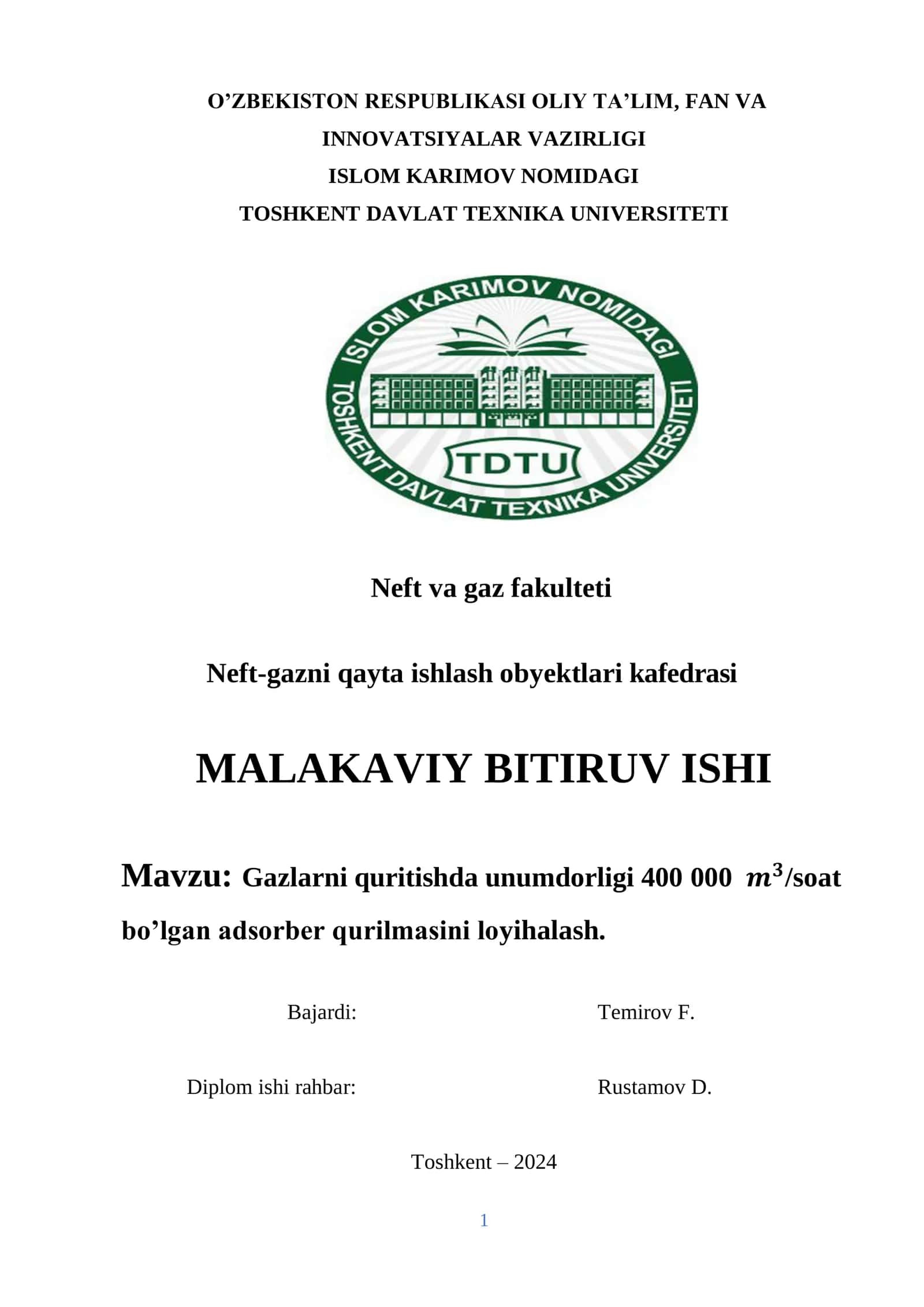 Gazlarni quritishda unumdorligi 400 000 𝒎𝟑soat bo’lgan adsorber qurilmasini loyihalash.