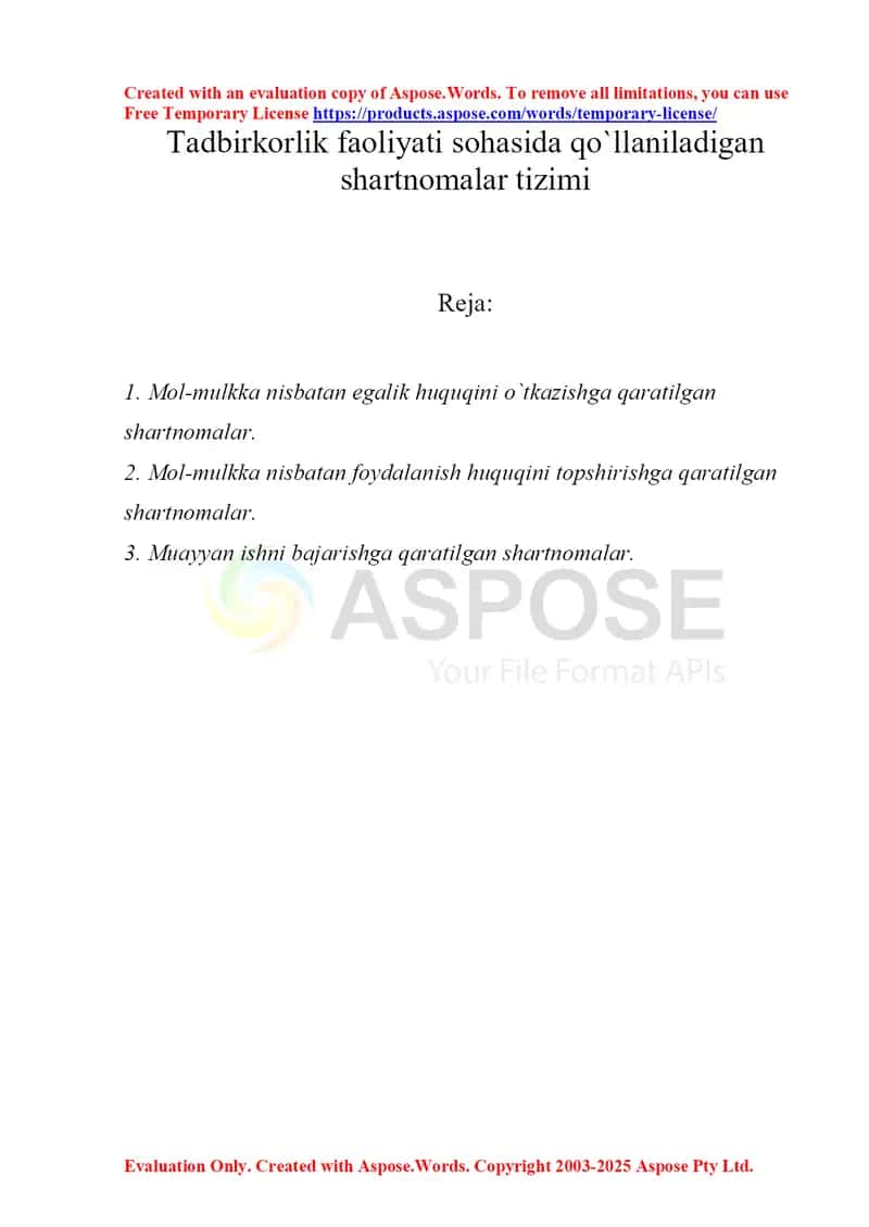 Tadbirkorlik faoliyati sohasida qo`llaniladigan shartnomalar tizimi