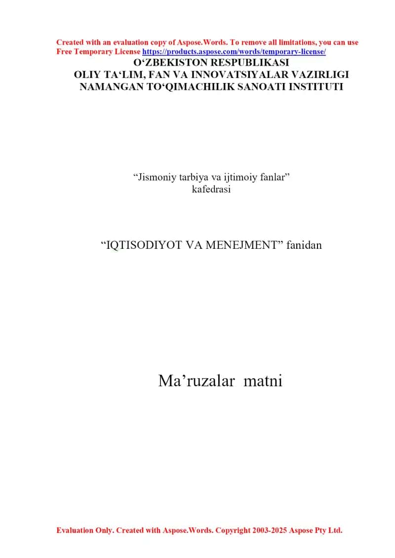 Iqtisodiyot va menejment fanidan ma’ruzalar matni
