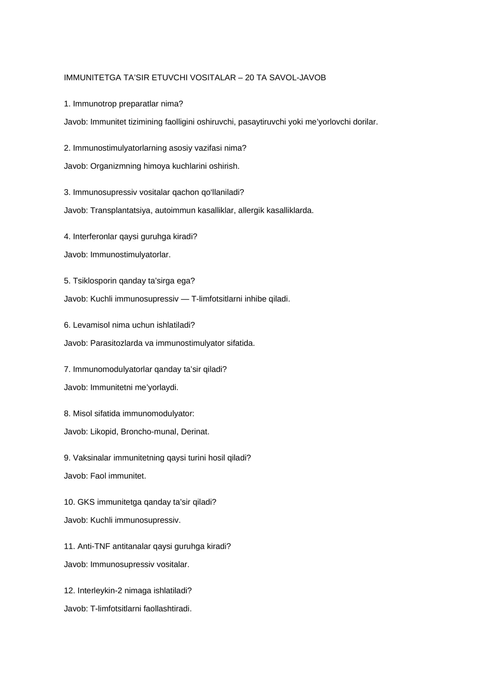 IMMUNITETGA TA’SIR ETUVCHI VOSITALAR