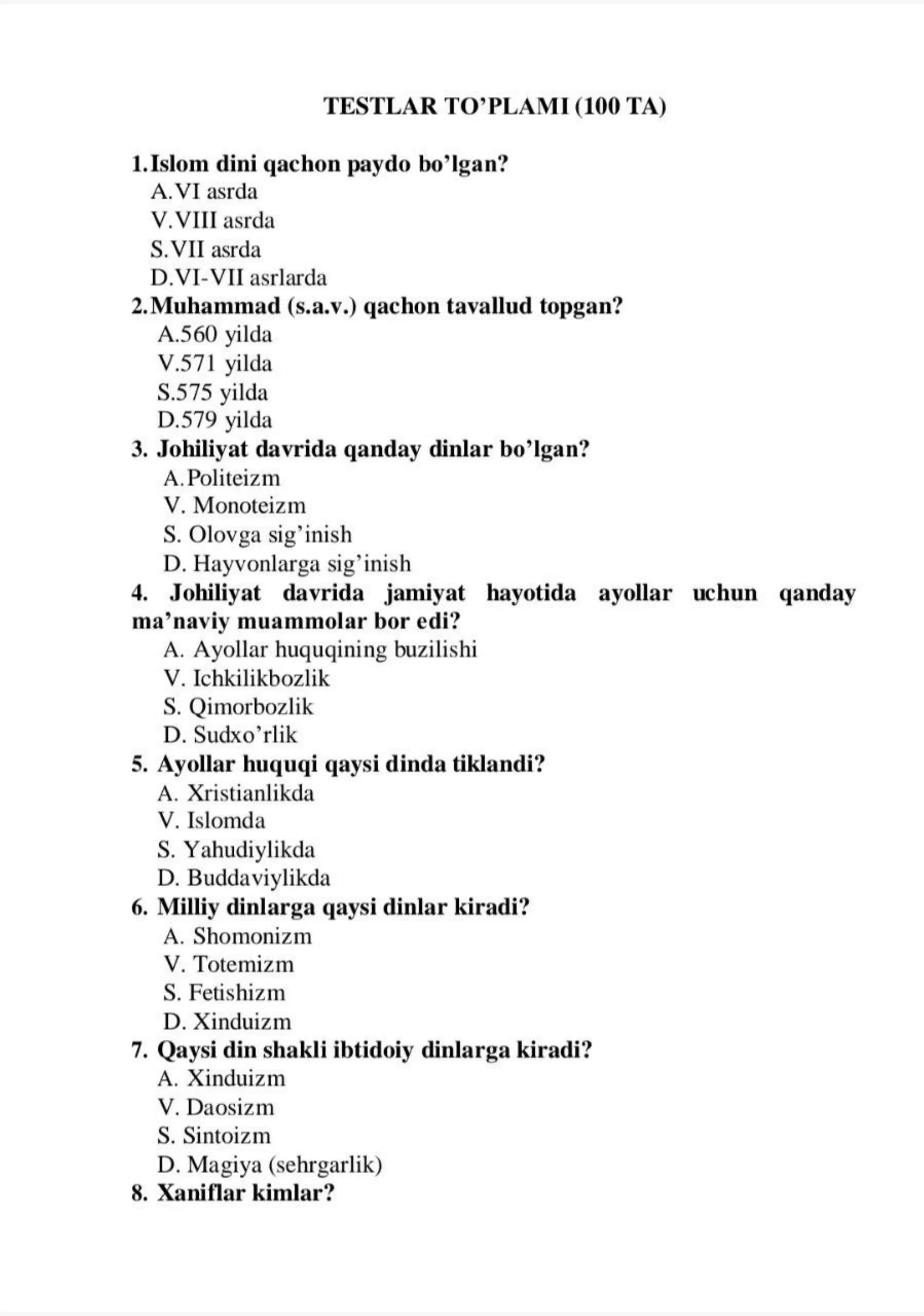 Dinshunoslik 100 talik test