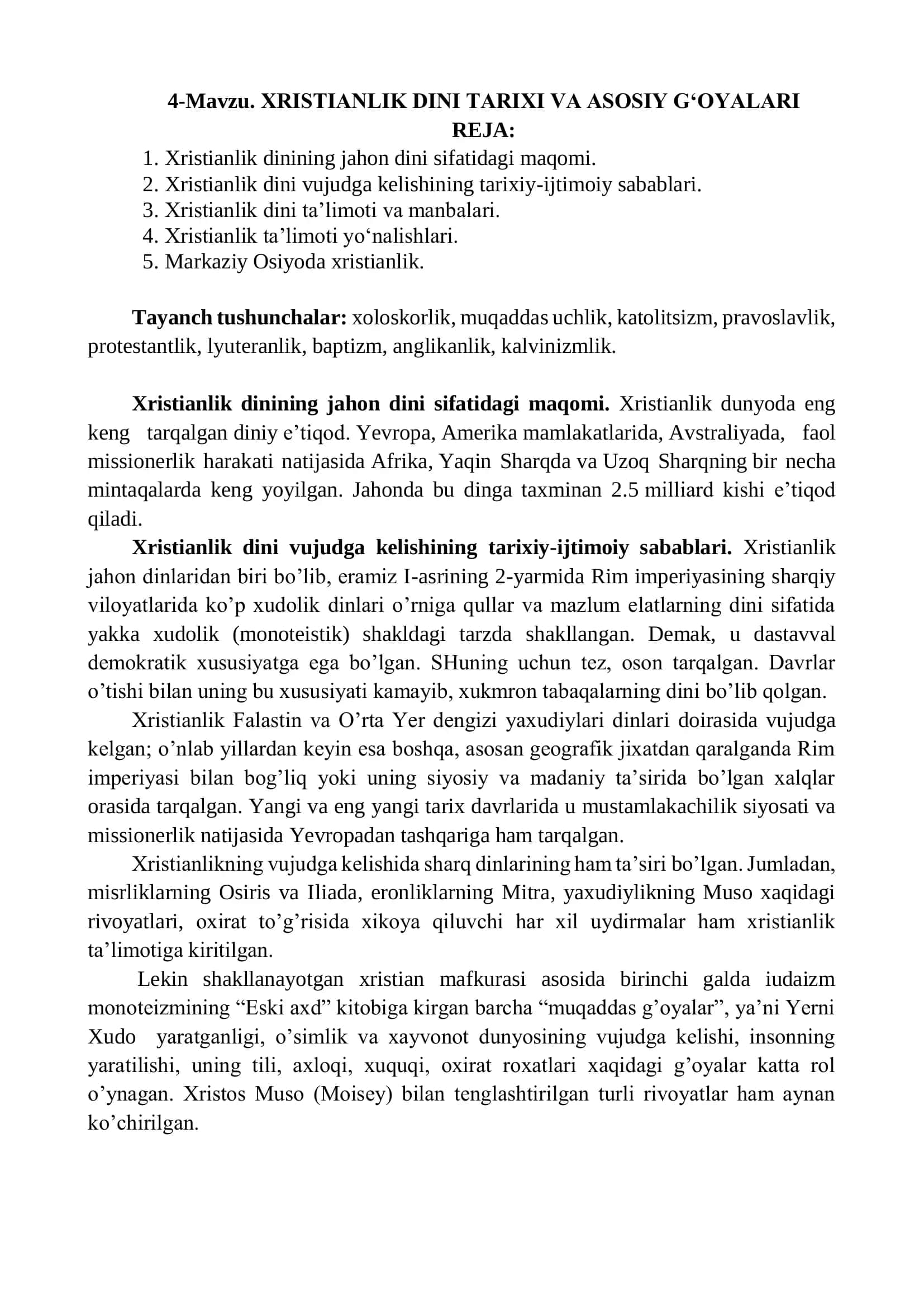 XRISTIANLIK DINI TARIXI VA ASOSIY G‘OYALARI