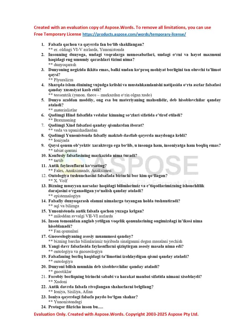 Falsafa savollari va javoblari taqdimoti