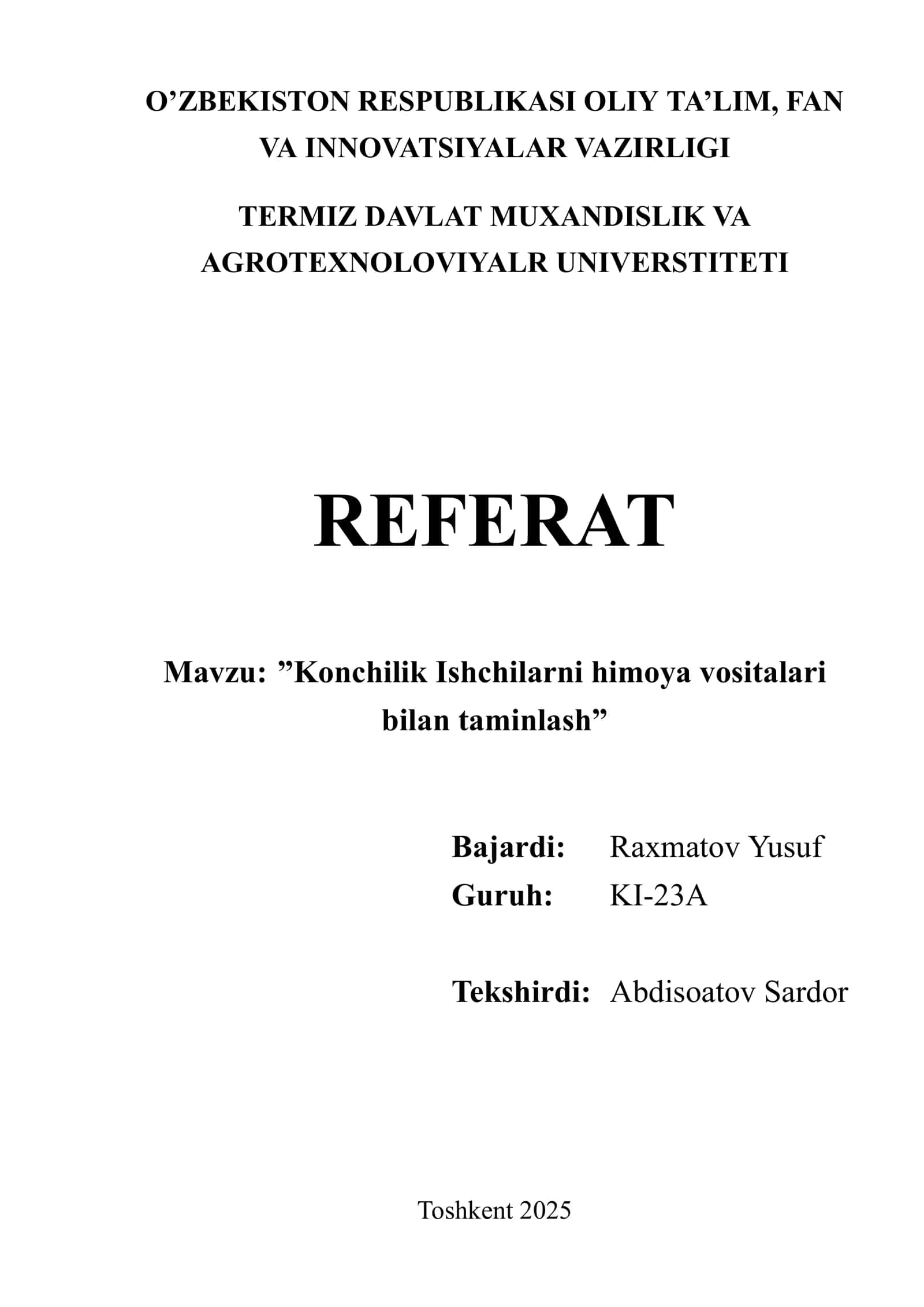 Konchilik Ishchilarni himoya vositalari bilan taminlash