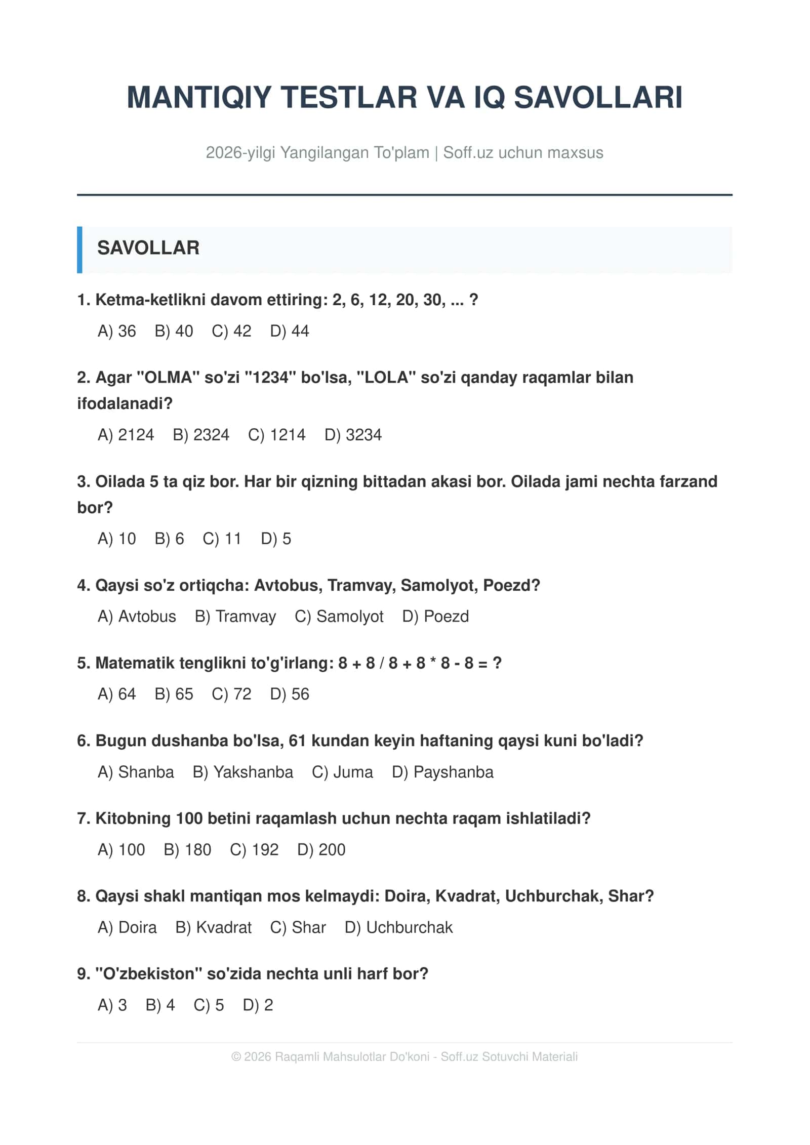 MANTIQIY TESTLAR VA IQ SAVOLLARI