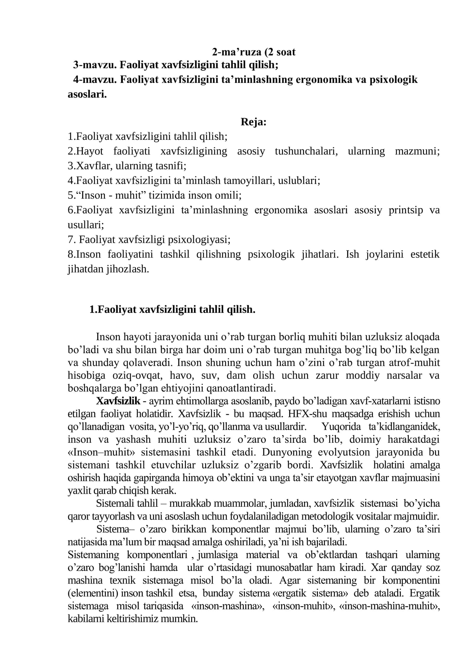 Faoliyat xavfsizligini tahlil qilish