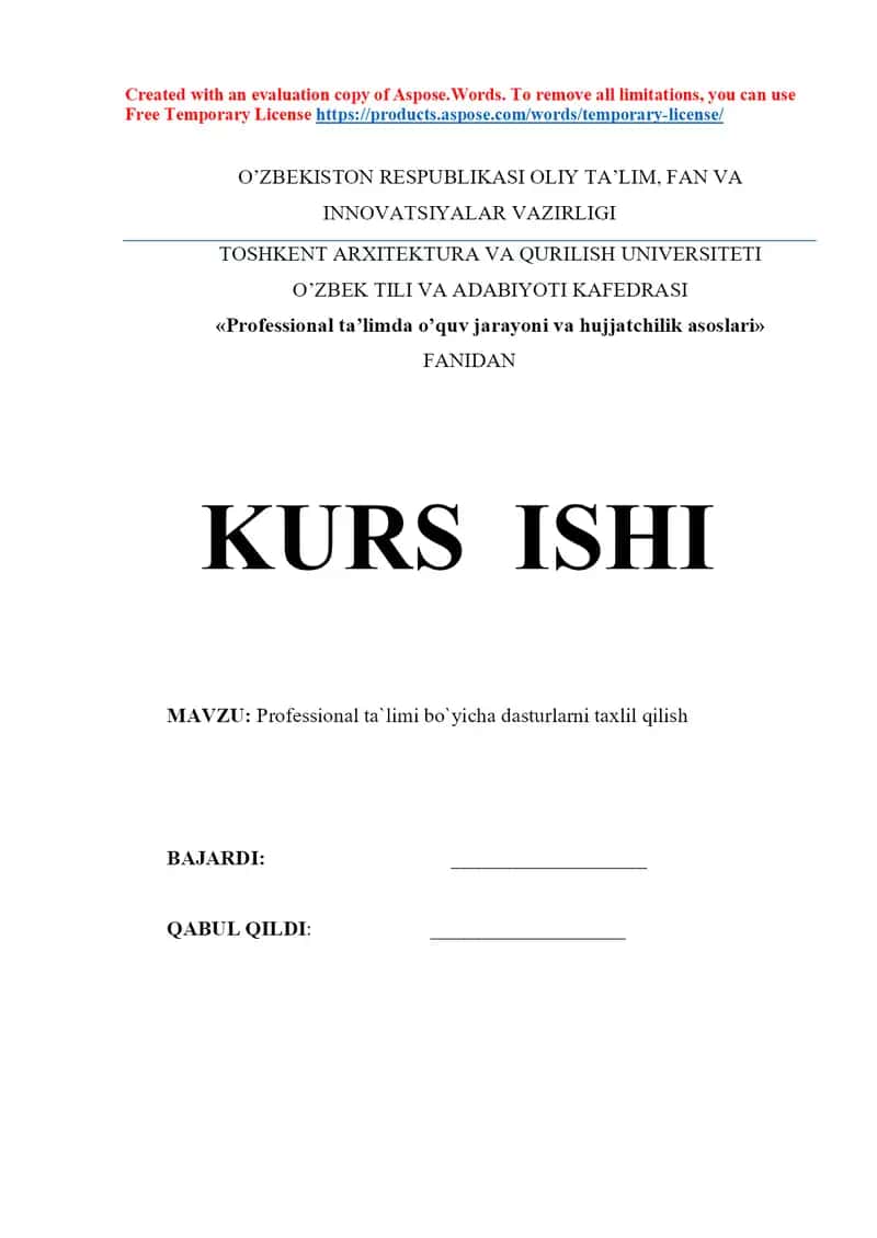 Professional ta`limi bo`yicha dasturlarni taxlil qilish