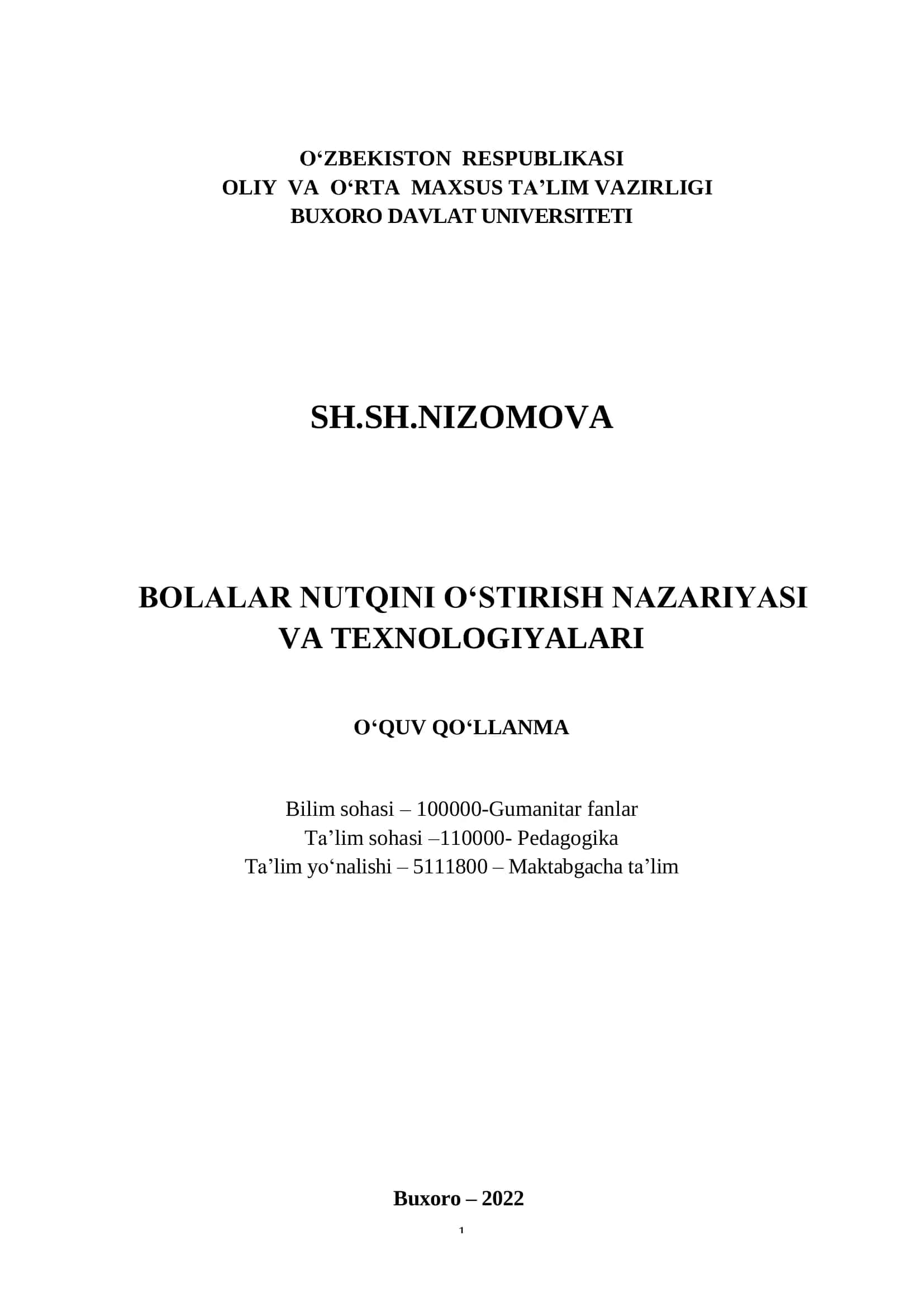 Bolalar nutqini o`stirish nazariyasi va texnologiyalari