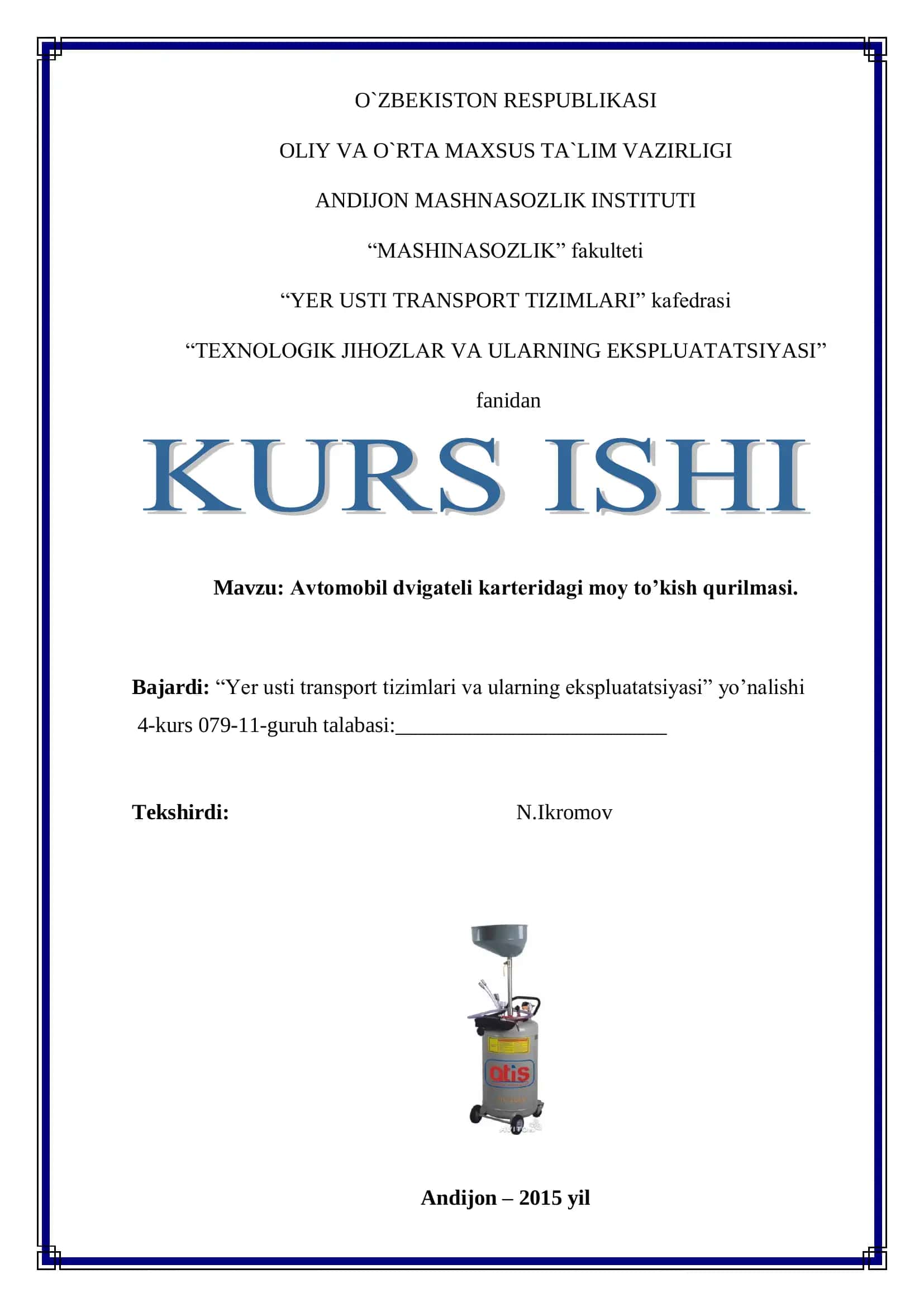 Avtomobil dvigateli karteridagi moy to’kish qurilmasi