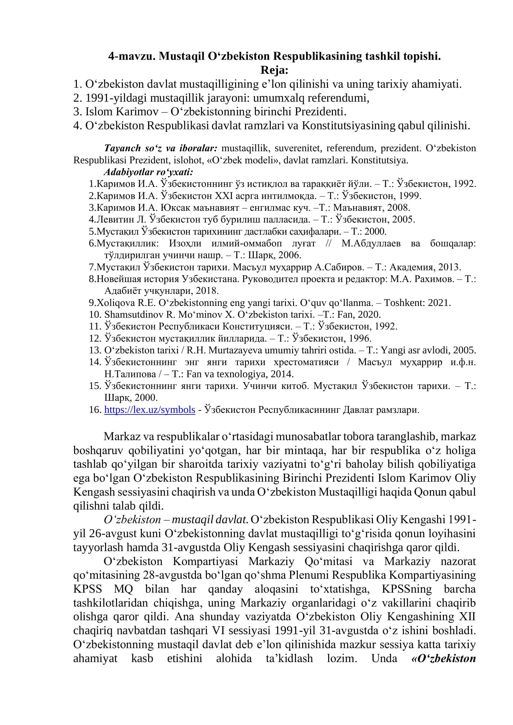 Mustaqil O‘zbekiston Respublikasining tashkil topishi