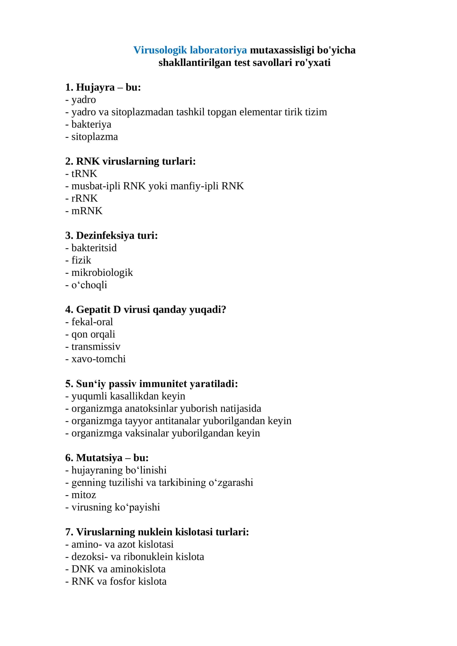 Virusologik laboratoriya mutaxassisligi bo'yicha savol-javoblar 2026