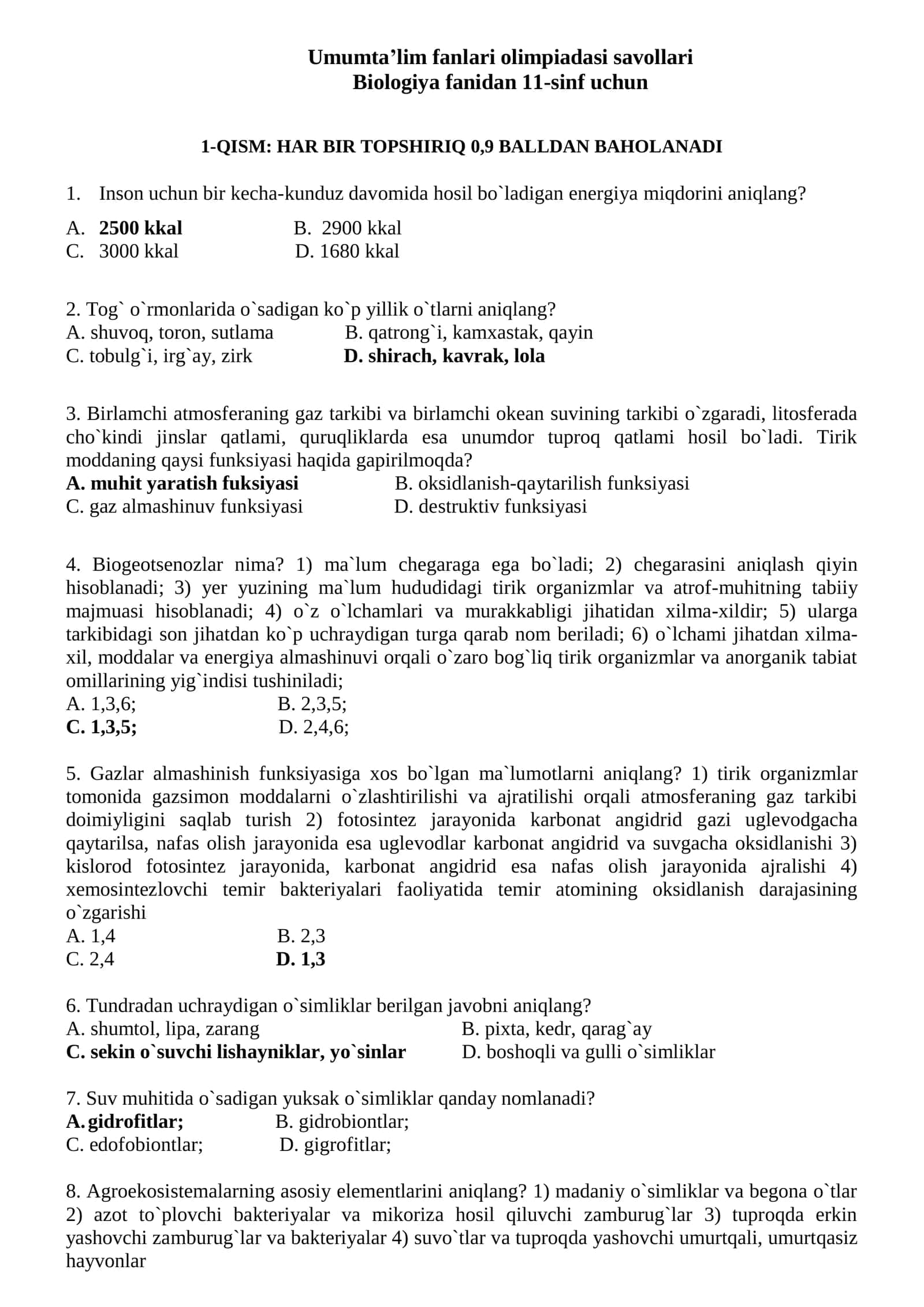 Olimpiada savol va javoblari 11-sinf o'quvchilari uchun biologiy fanidan