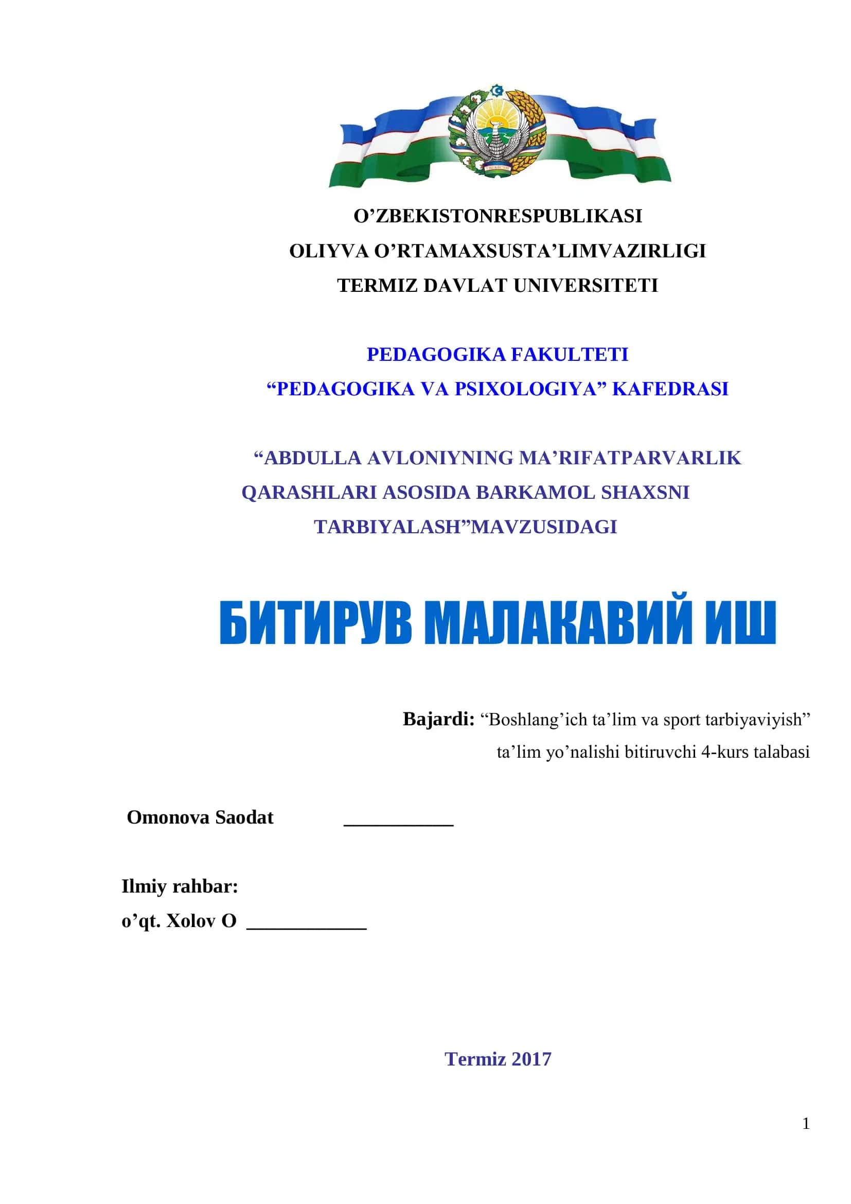 Boshlang’ich ta’lim va sport tarbiyaviyish