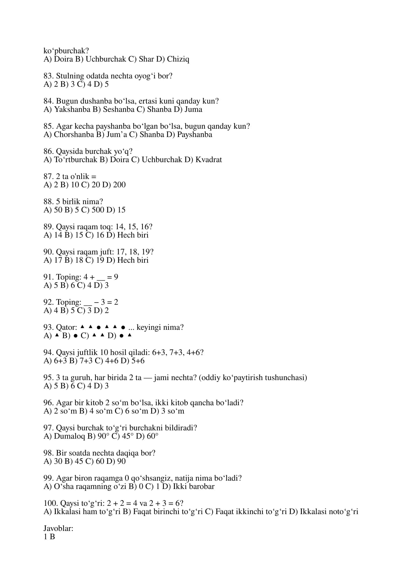 Matematika test 1 va 2 sinflar uchun
