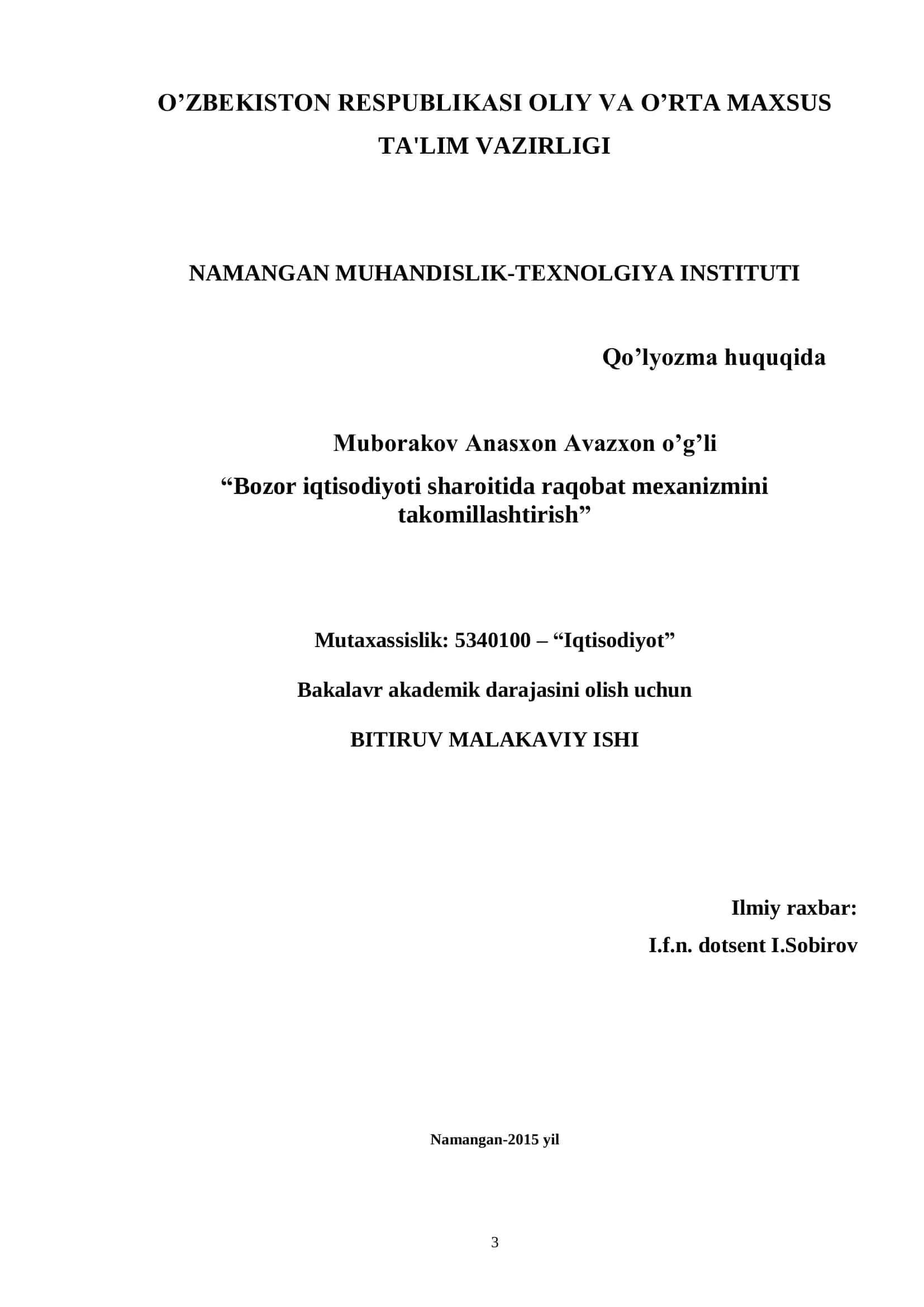 Bozor iqtisodiyoti sharoitida raqobat mexanizmini takomillashtirish
