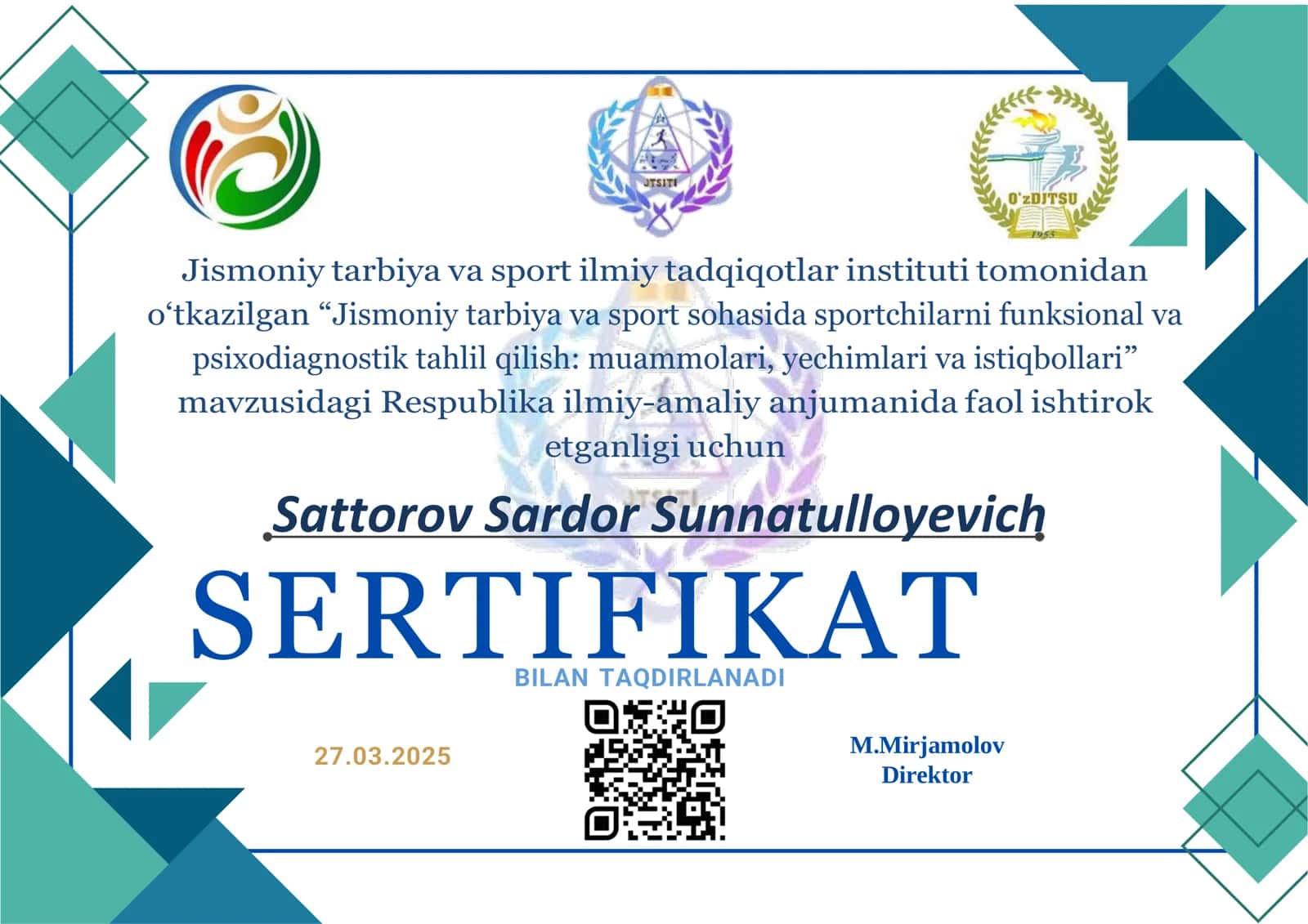 Jismoniy tarbiya va sport sohasida sportchilarni funksional va psixodiagnostik tahlil qilish: muammolari, yechimlari va istiqbollari