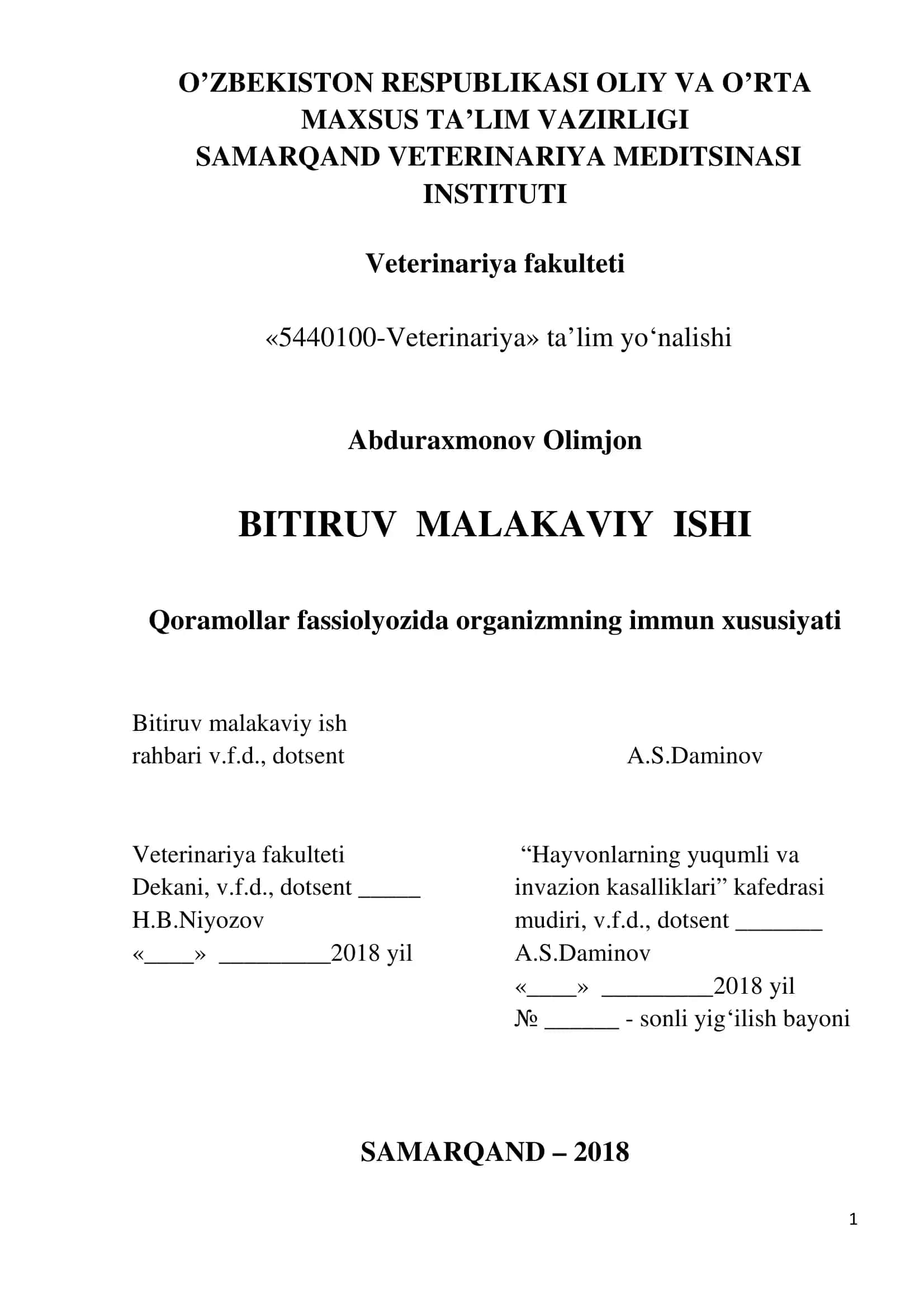 Qoramollar fassiolyozida organizmning immun xususiyati