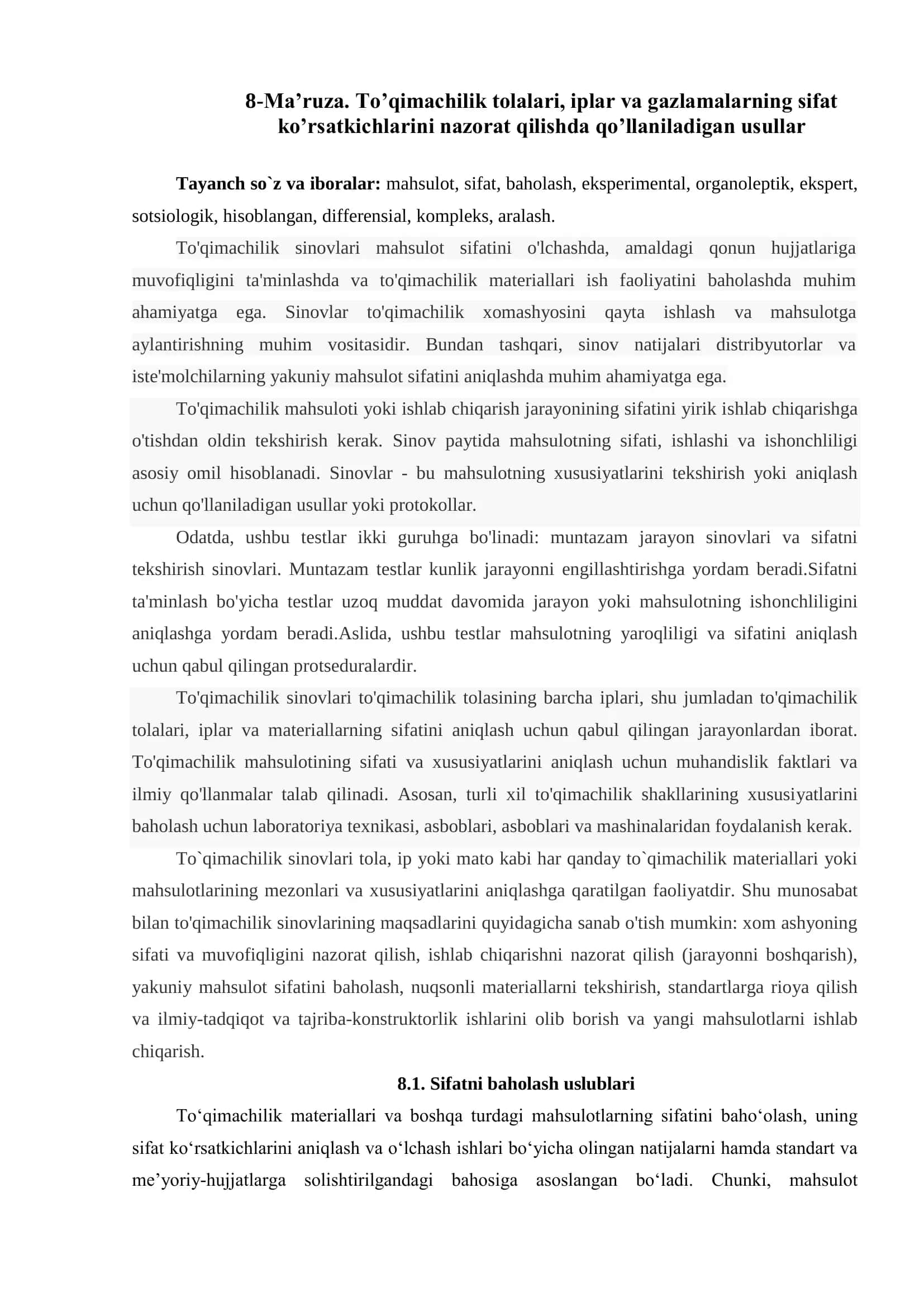To’qimachilik tolalari, iplar va gazlamalar