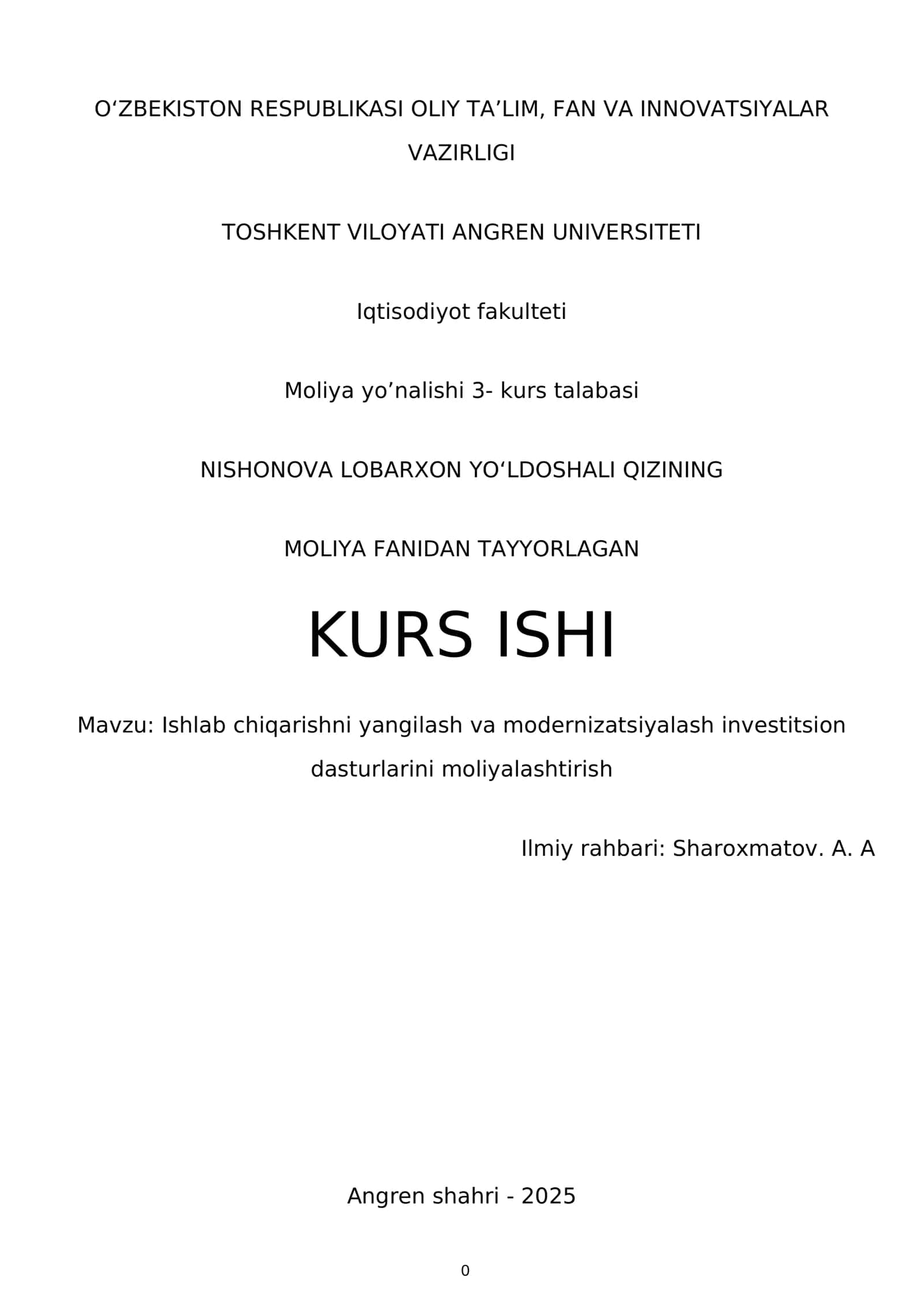 Moliya fanidan tayyorlagan kurs ishi