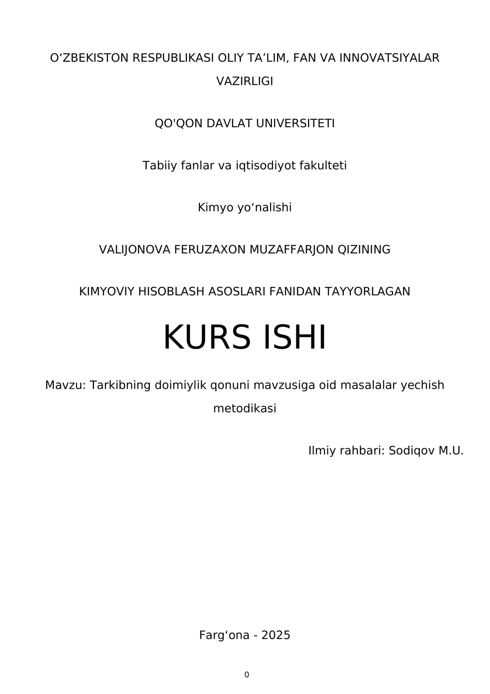 Kimyoviy Hisoblash Asoslari Kurs Ishi