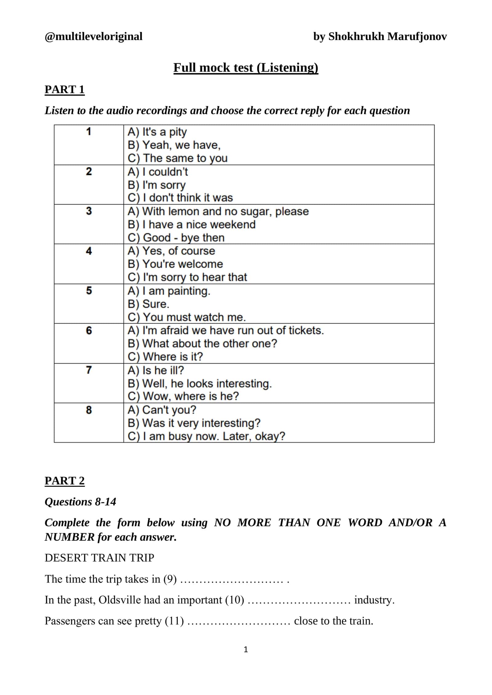 Full mock test (Listening and Reading )