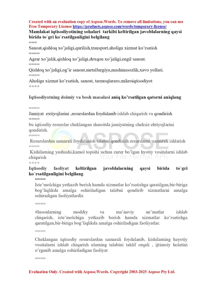 Mamlakat iqtisodiyotining sohalari va asosiy tushunchalari bo‘yicha test savollari