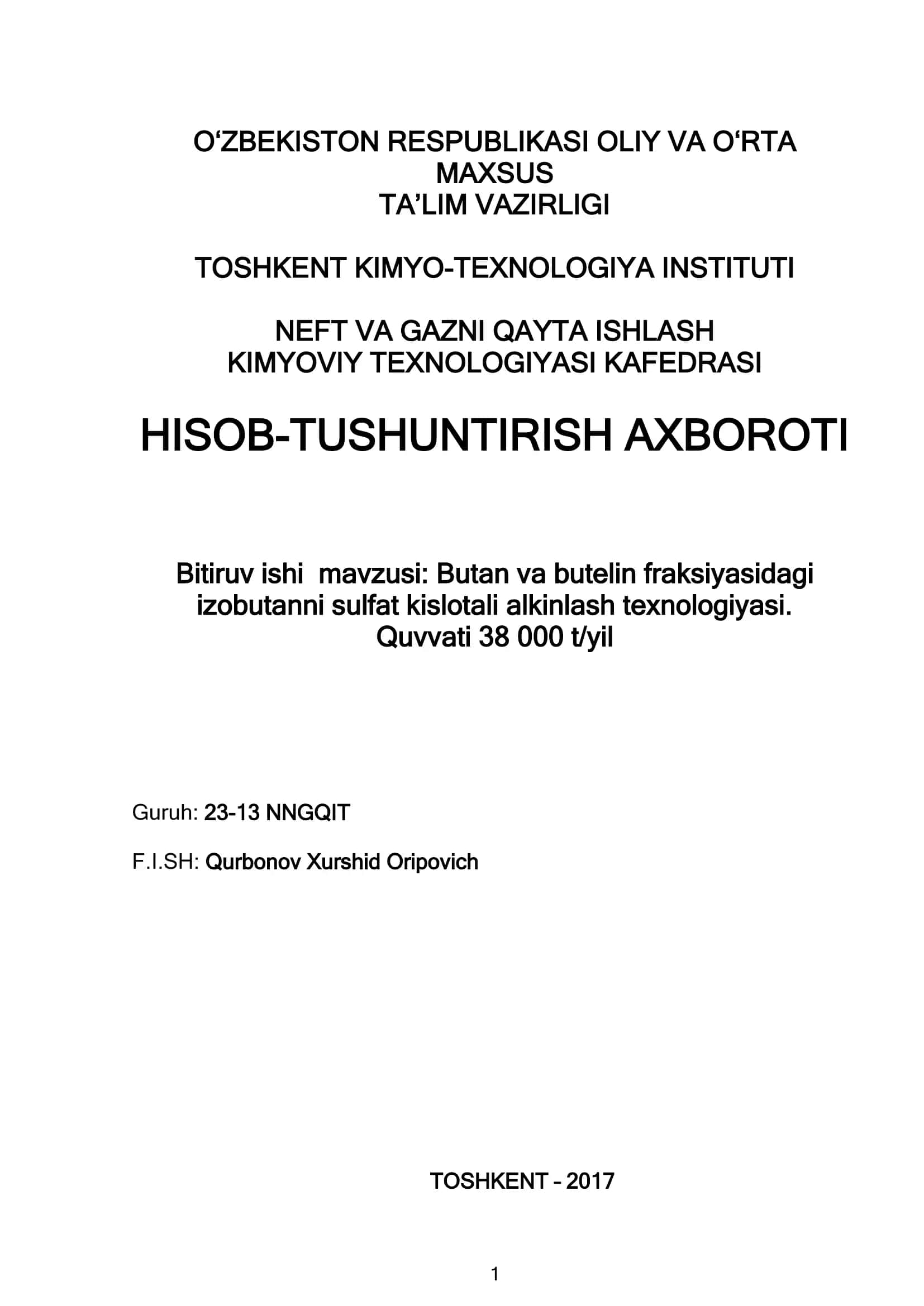 Izobutanni sulfat kislotali alkinlash texnologiyasi