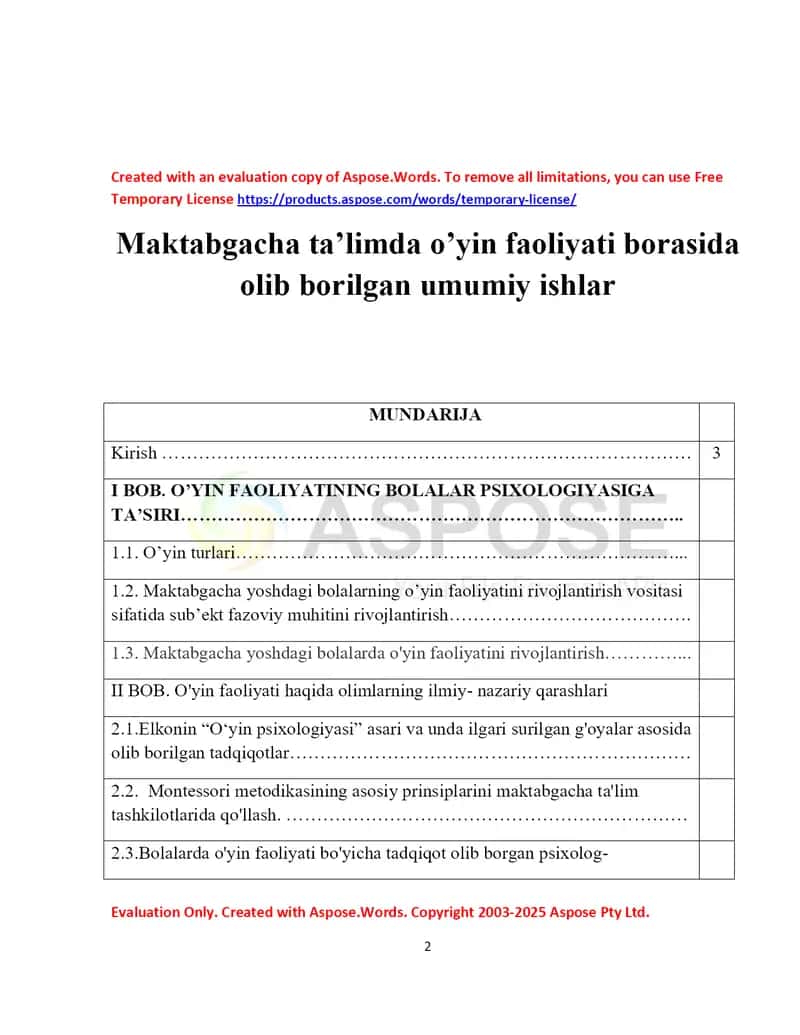 Maktabgacha ta’limda o’yin faoliyati borasida olib borilgan umumiy ishlar